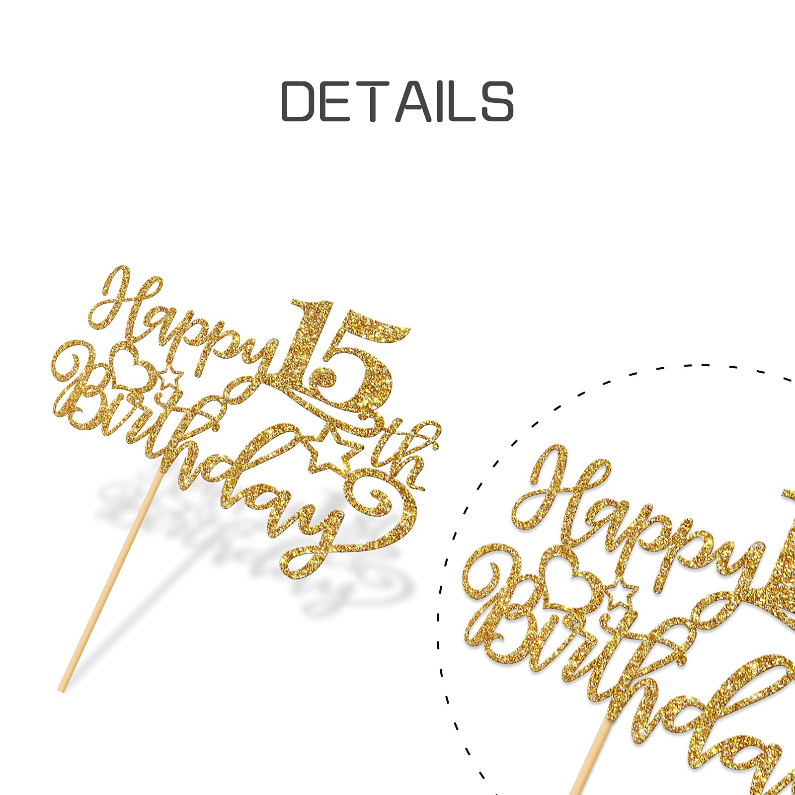 15th Birthday Cake Topper for Teens - Gold Glitter Fifteen Years Old Cake Decorations for Boys & Girls - Perfect for Sweet 16 Parties, Quinceañeras & Milestone Celebrations