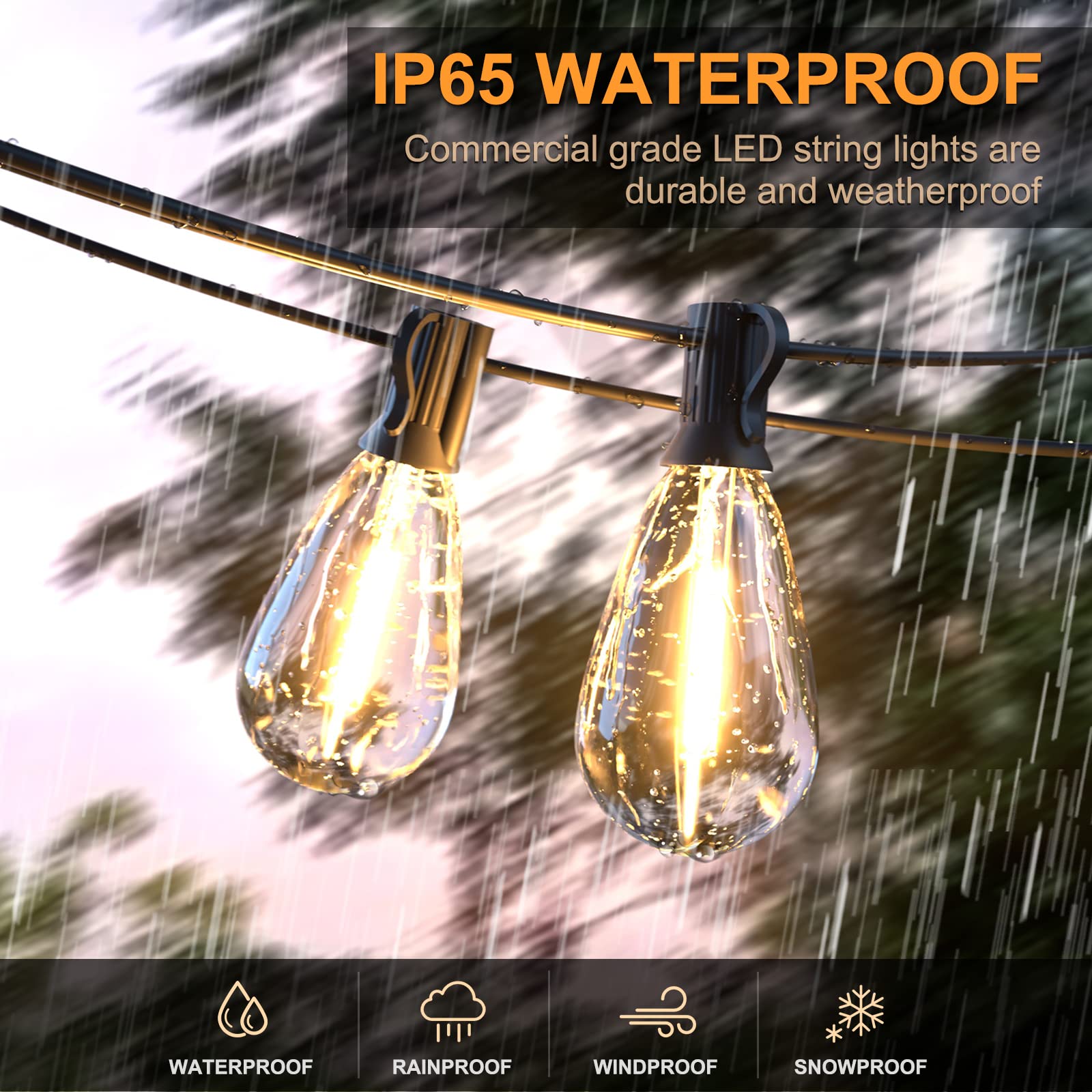 100FT LED Outdoor String Lights with 30 Shatterproof Edison Bulbs - Weatherproof Connectable Hanging Lights for Backyard, Garden, Patio, Cafe & Wedding Decor (Warm White) | Durable E12 S14 Sockets for Year-Round Use