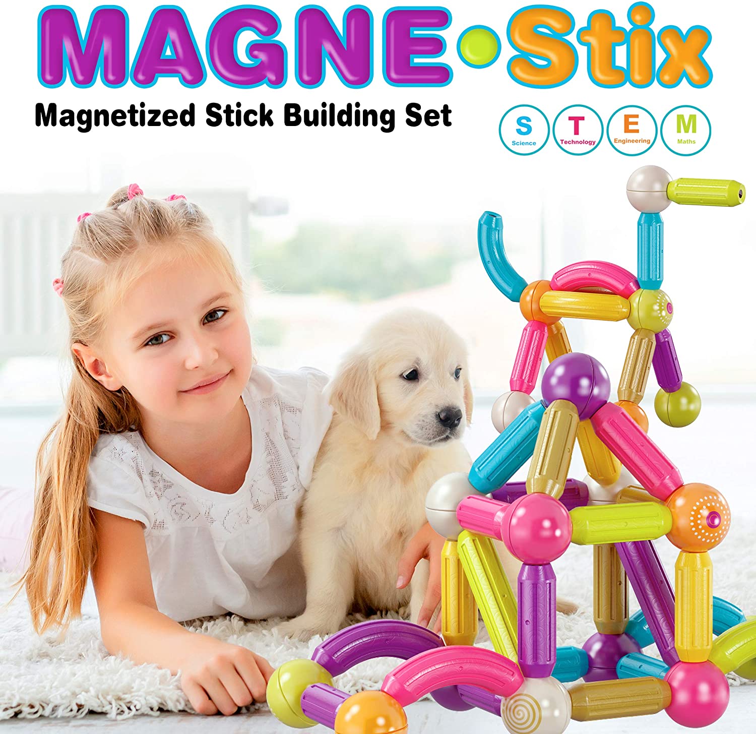 Contixo ST2 68-Piece Magnetic Building Sticks Set - STEM Educational Toys for Kids Ages 3-8, Colorful 3D Construction Blocks for Creative Play - Perfect for Classroom, Birthday Gifts & Indoor Activities