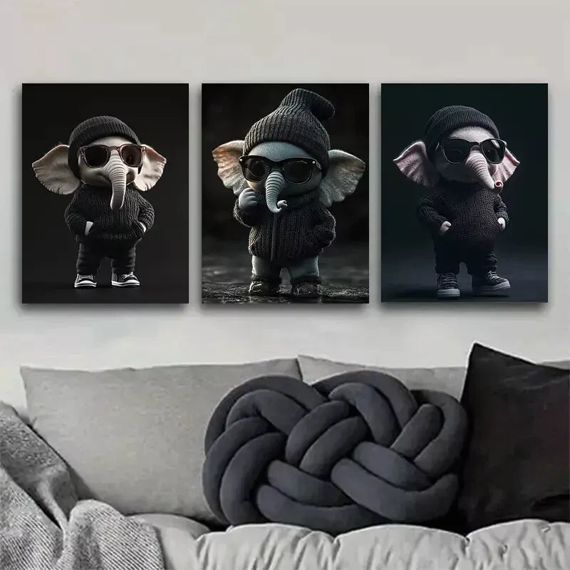 3-Piece Cool Elephant Wall Art Set with Knitted Hat & Sunglasses - Framed Canvas 40x60cm - High Quality Print - 100% Australian Made - Ready to Hang - Perfect for Nursery, Kids Room & Modern Home Decor