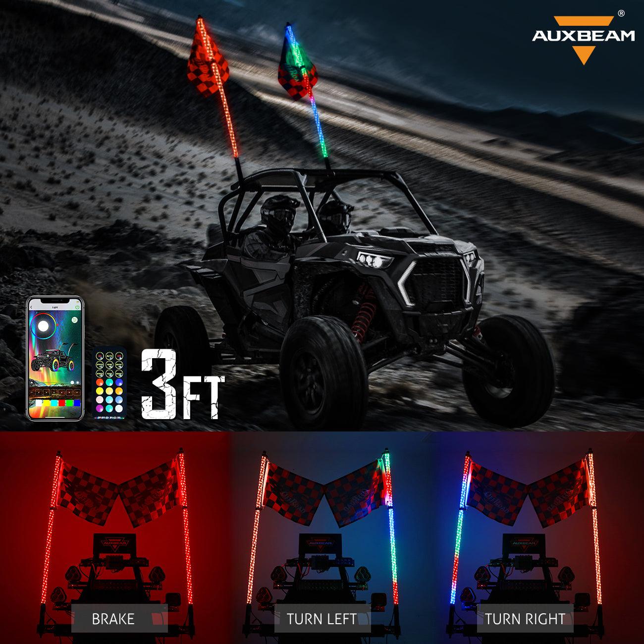 3FT/4FT LED RGB Whip Lights with Bluetooth & Remote Control - Universal Black Flagpole Mount for UTVs (Fits 1.75