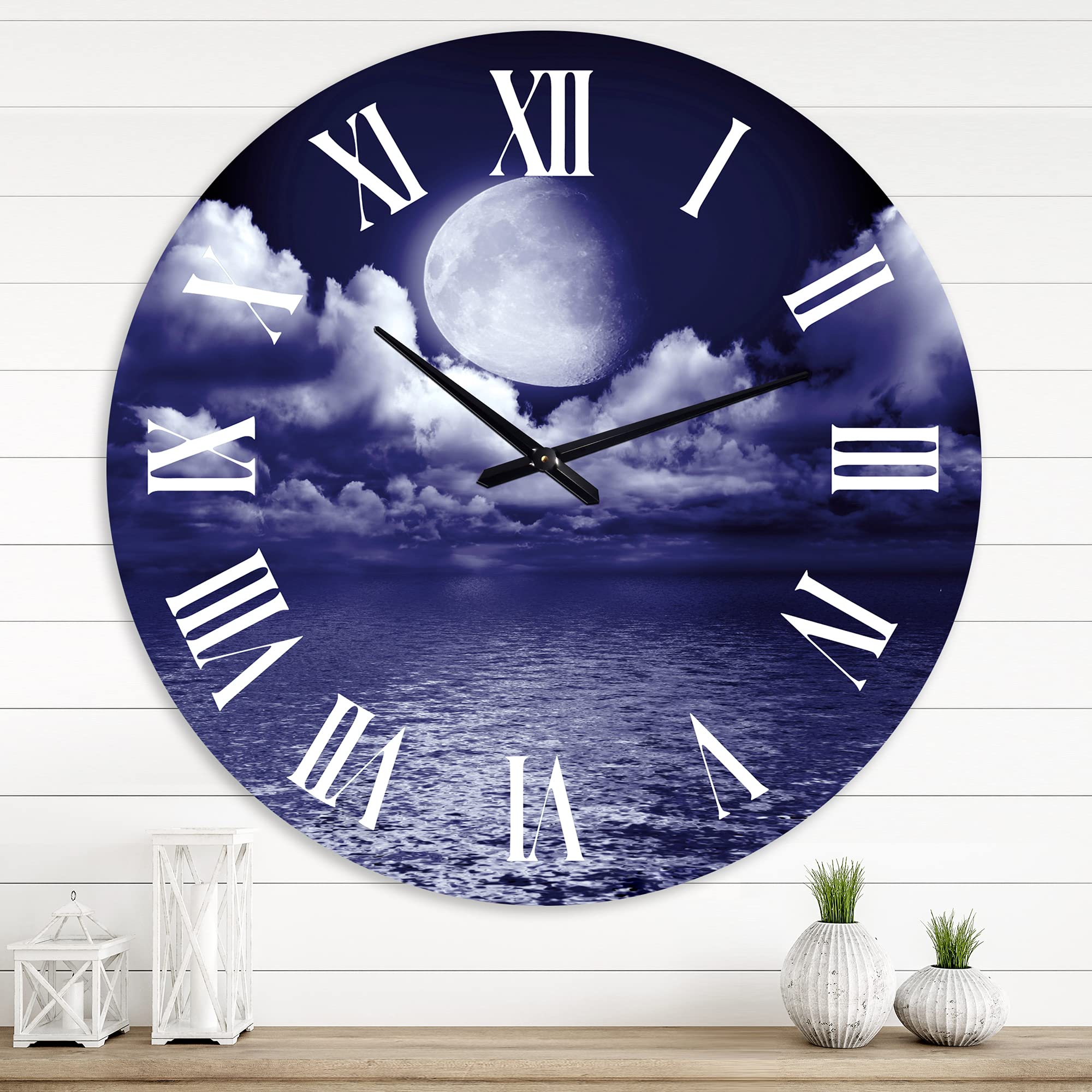 DesignQ Nautical Coastal Wall Clock - Full Moon in Cloudy Night Sky V - Blue Round Clock for Home & Office Decor | Perfect for Living Room, Bedroom, Beach House