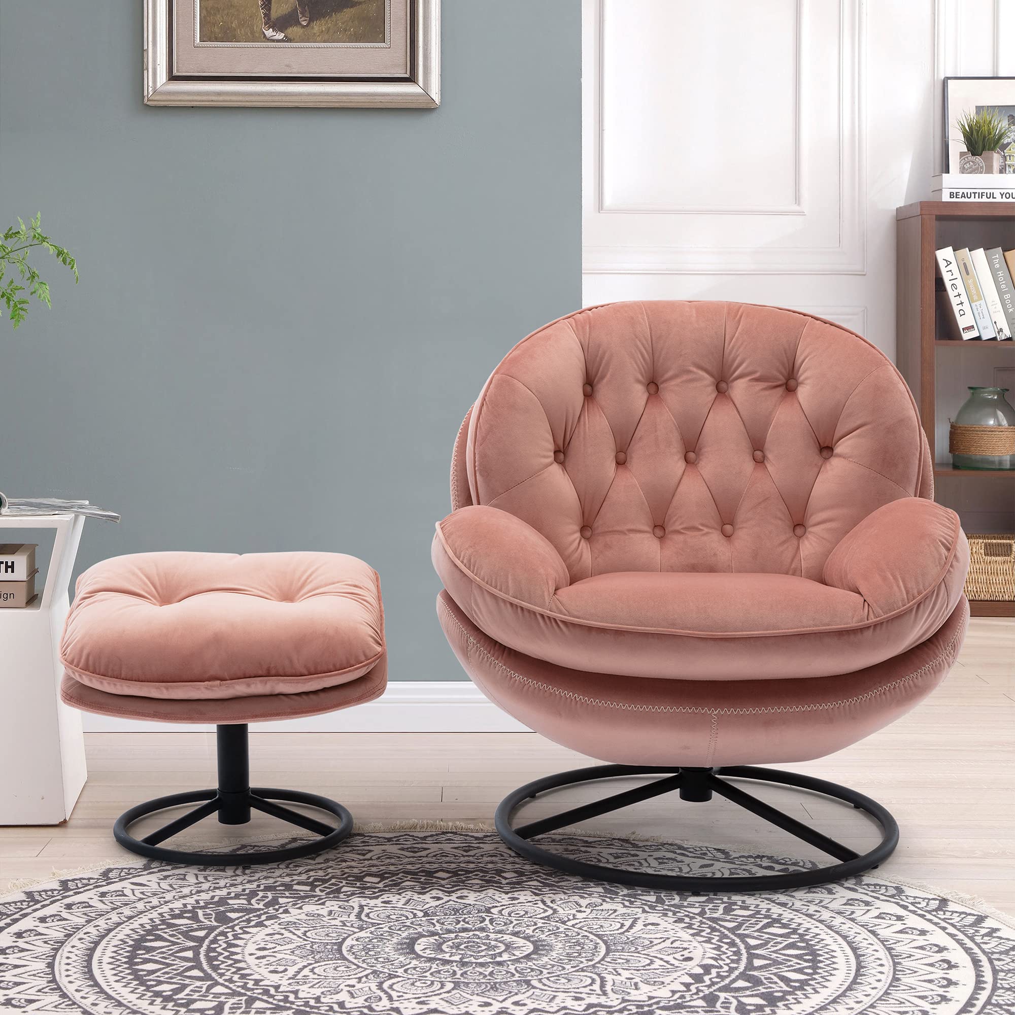 Velvet Swivel Accent Chair with Ottoman - Pink Cozy Lounge Chair for Living Room, Bedroom & Reading Nook - Modern Upholstered TV Chair & Lazy Sofa for Relaxing, Lounging or Chasing Comfort