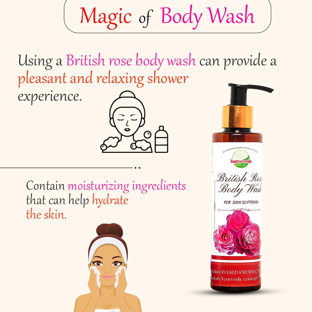 Kasturveda British Rose Body Wash Shower Gel for Men & Women - 200ml | Nourishing & Moisturizing Body Cleanser for Glowing Skin | Perfect for Daily Shower & Spa-Like Experience at Home