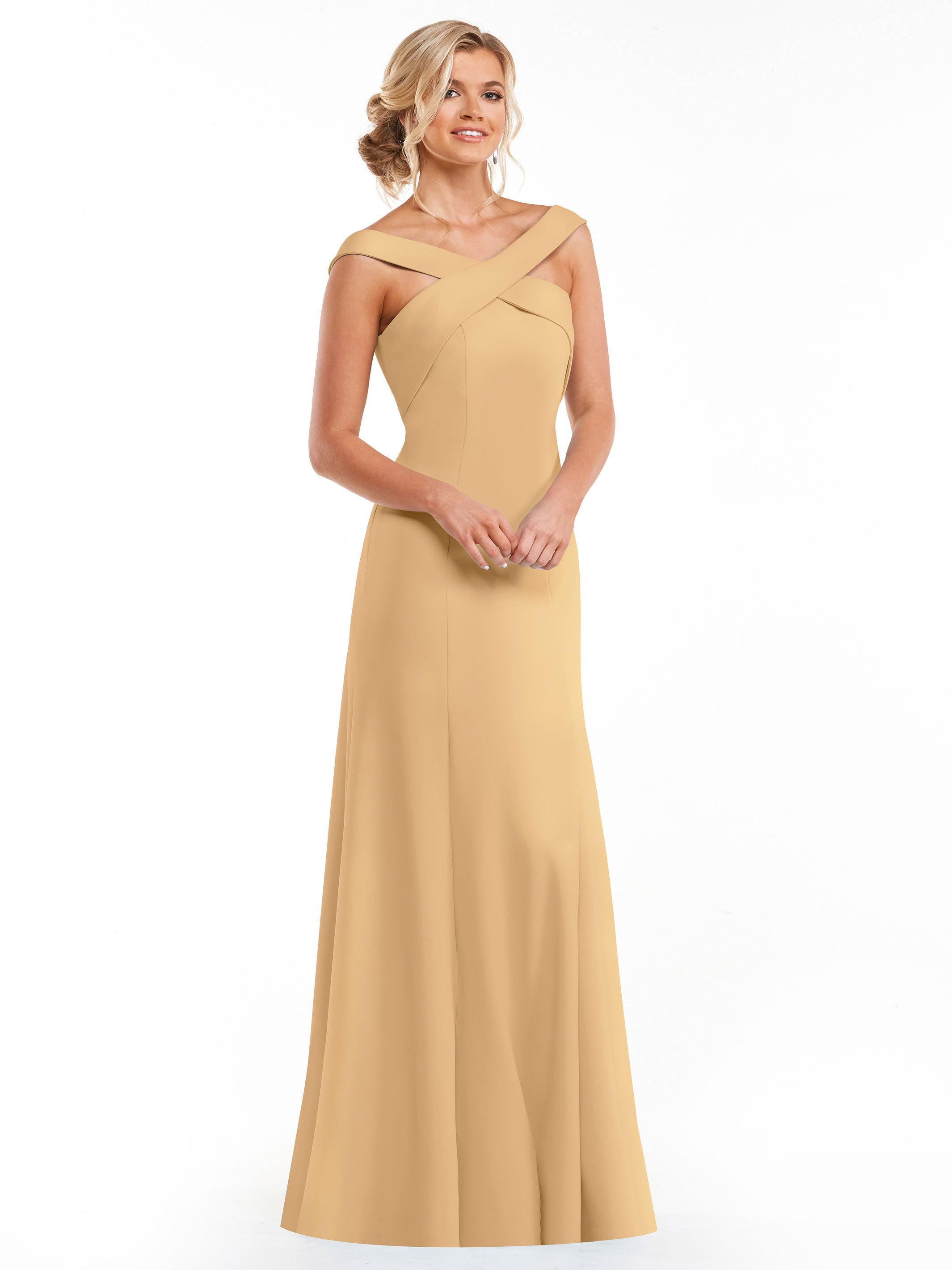 Elegant 83048 Double Knit A-Line Bridesmaid Dress with Off-the-Shoulder Sleeves - Perfect for Weddings, Formal Events & Special Occasions