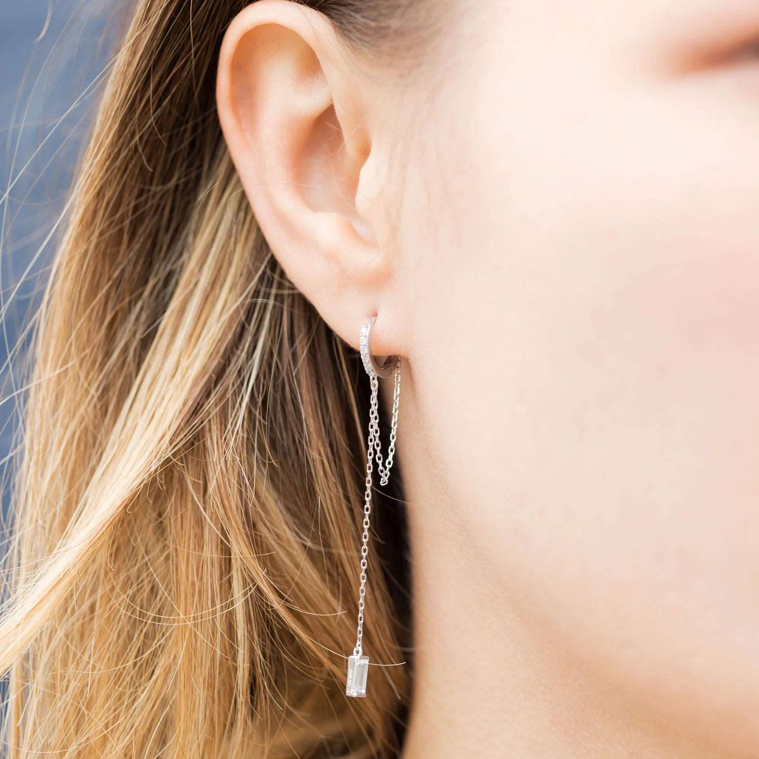 Sterling Silver CZ Hoop Earrings with Chain Drop - Elegant Dangle Earrings for Women | Perfect for Parties, Weddings & Everyday Wear