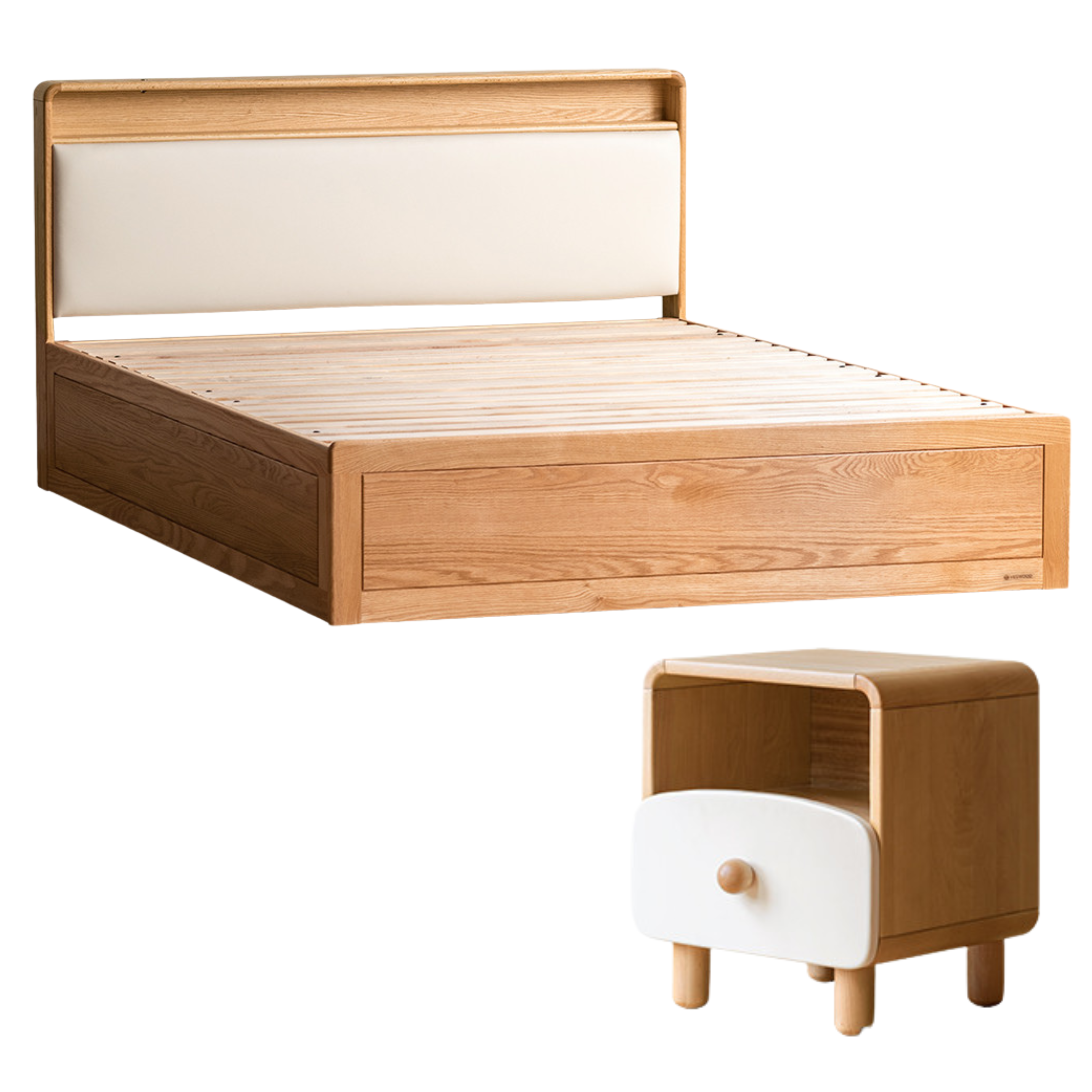 Natural wood color Oak Children's box bed (with bottom plate) + bedside table