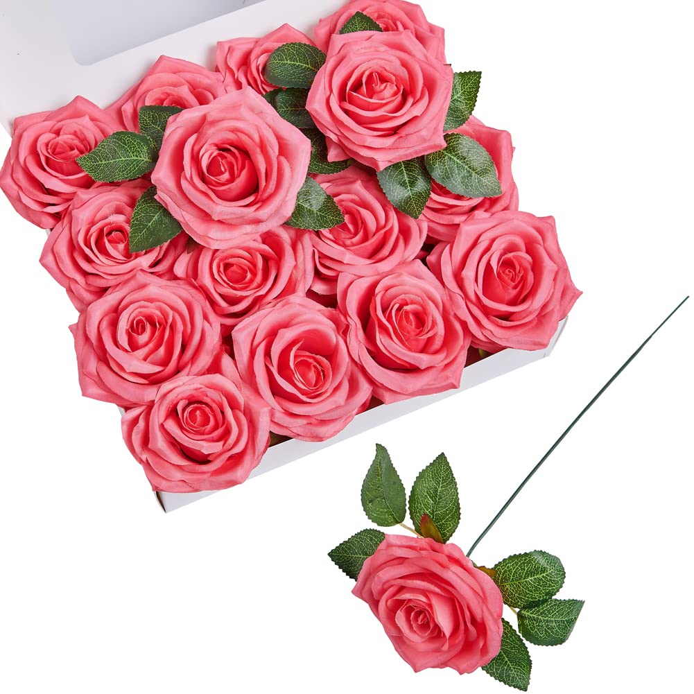 16 Pack Realistic Artificial Silk Roses with Stems - Coral Fake Flowers for DIY Wedding Bouquets, Party Centerpieces, Home Decor, Floral Arrangements & Festival Decorations - Perfect for Tables, Vases and Romantic Gift Boxes