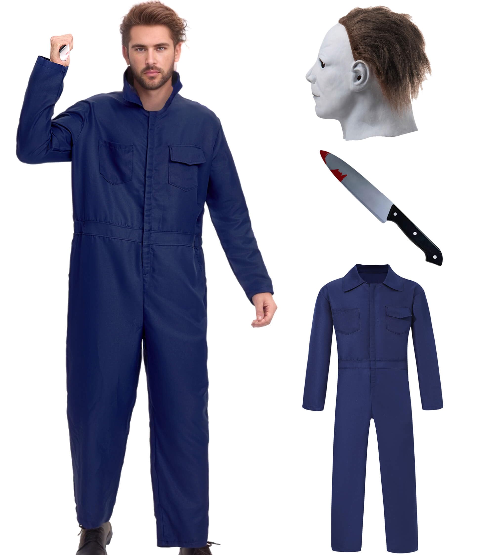 Navy Blue Coveralls Jumpsuit - Horror Killer Halloween Cosplay Costume for Men with Mask & Toy Knife | Scary Movie Character Outfit, Halloween Party Costume, Cosplay Convention Attire