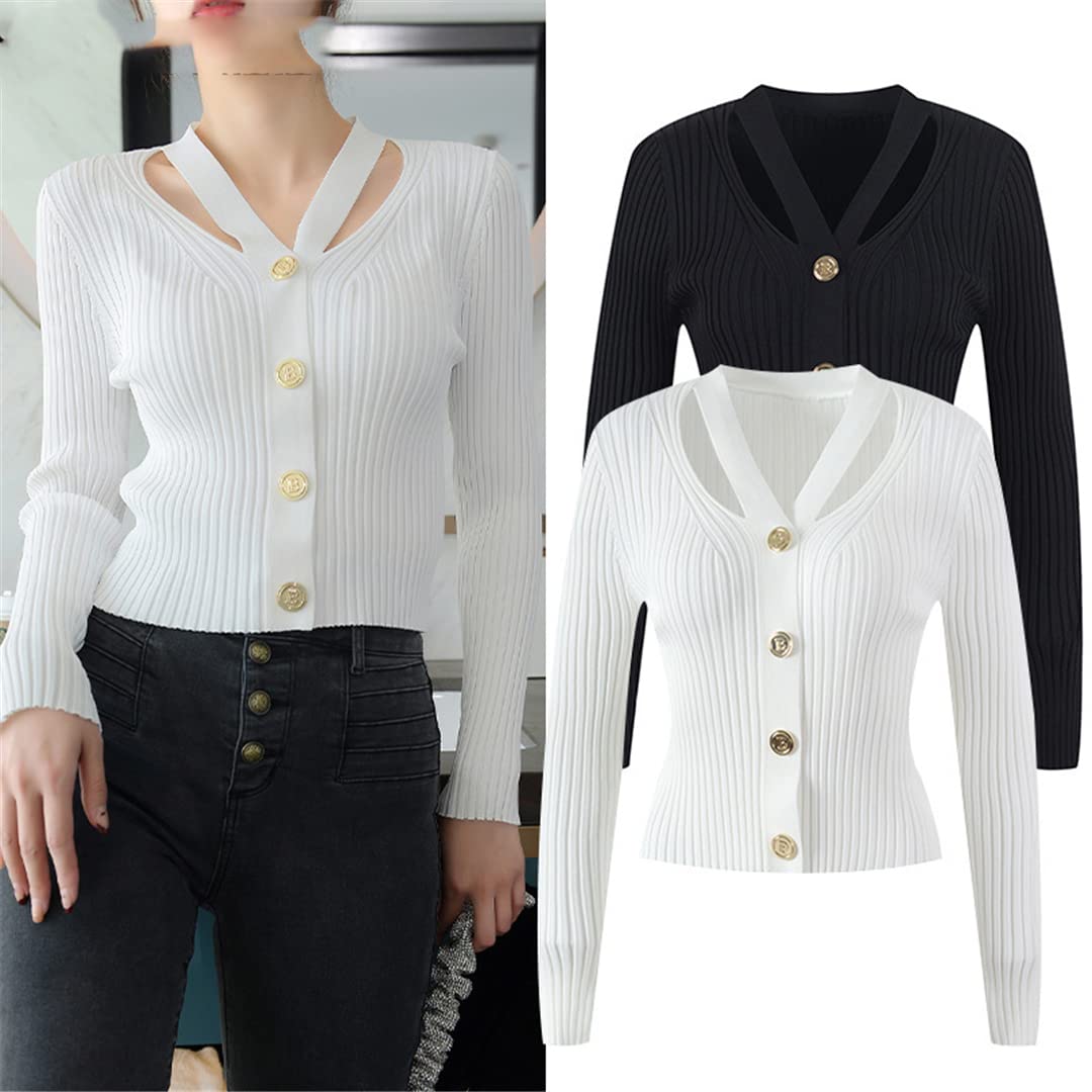 2022 Vintage Halter Long Sleeve Knitted Sweater for Women - White & Black Winter Pullover | Perfect for Casual Outings, Date Nights & Holiday Parties
