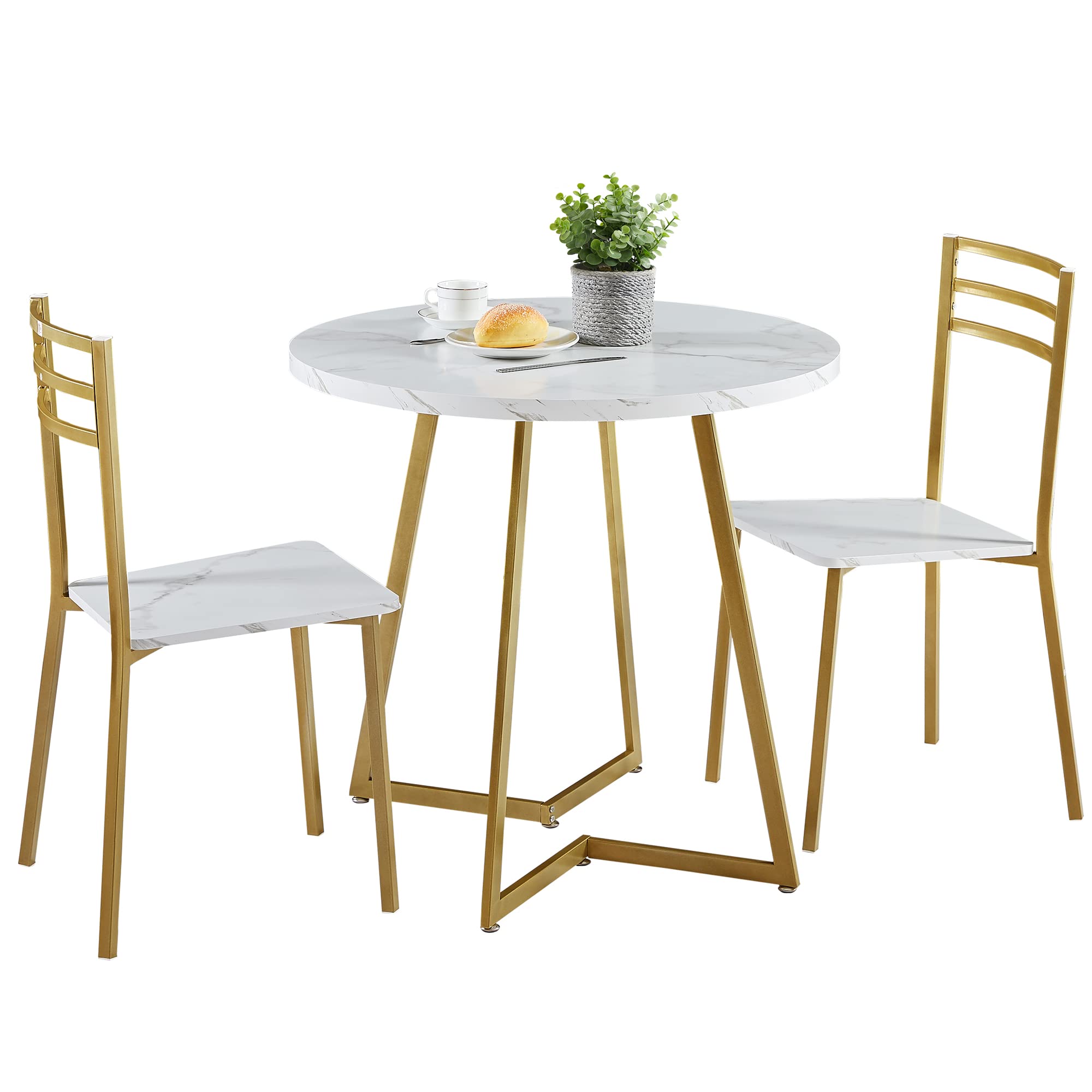 VECELO 2-Person Small Round Dining Table Set - Solid Wood Tabletop & Sturdy Metal Frame - Modern Kitchen & Breakfast Nook Furniture - White & Gold Finish - Perfect for Small Spaces, Apartments, and Cozy Dining Areas