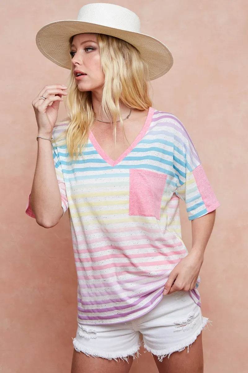 BiBi Rainbow Stripe Printed Triblend Knit Top - Women's Soft Comfortable Casual T-Shirt for Everyday Wear, Street Style & Summer Outfits