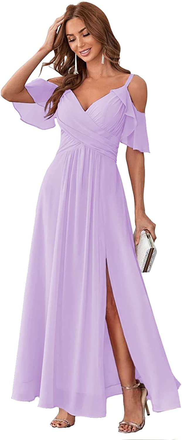 Elegant Off Shoulder Chiffon Bridesmaid Dress - Long Formal Gown with Side Slit for Wedding Guest, Prom, Evening Party & Special Occasions | Perfect for Bridal Shower, Cocktail Events & Black Tie Gatherings