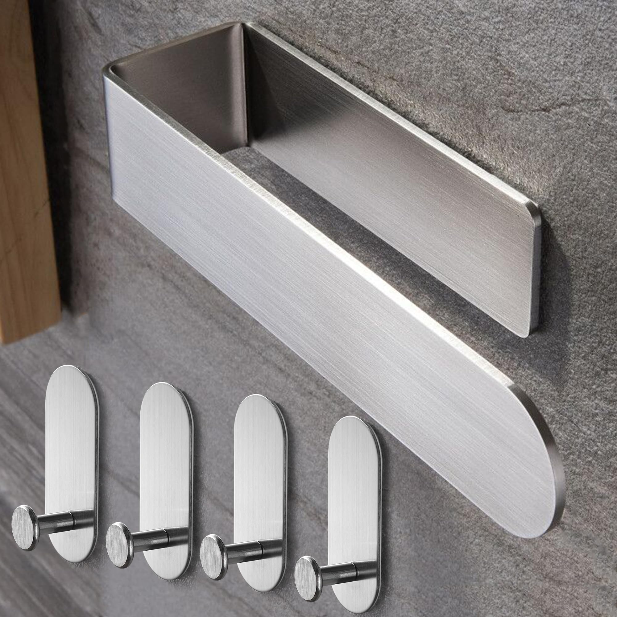Taozun 4 Pack Self Adhesive Towel Rail - No Drill Stainless Steel Hand Towel Holder for Bathroom & Kitchen, SUS 304 Silver - Perfect for Small Spaces, Apartments, and RVs