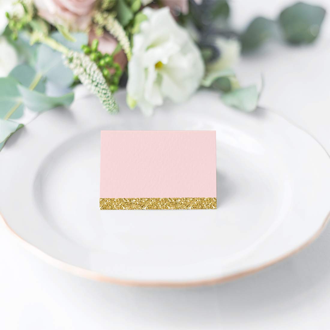 Blush Pink Gold Glitter Printable Wedding Table Tent Place Cards - 20-Pack Blank Name Cards for Baby Shower, Graduation & Table Settings | Elegant Seat Placement & Food Cards for Special Events