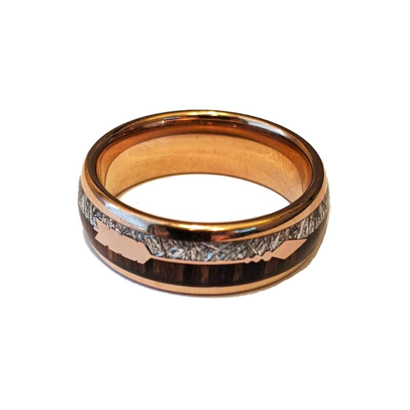18K Rose Gold Tungsten Meteorite Wedding Ring for Men - 8mm Space Rock Arrow Inlay Wood Band - Unique Anniversary & Engagement Gifts for Him - Perfect for Outdoor Adventures & Romantic Proposals