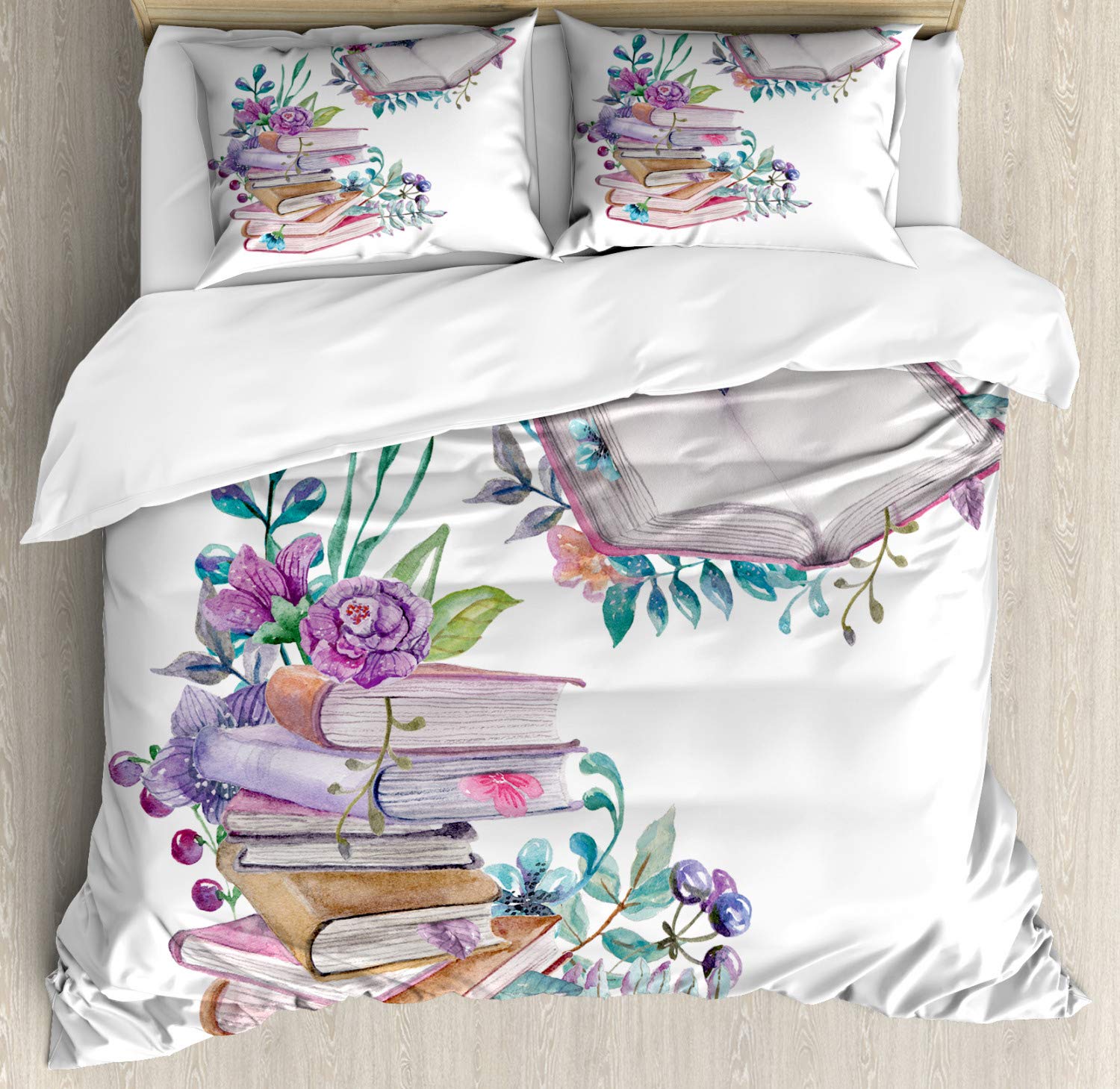 Ambesonne Books Duvet Cover Set - Watercolor Book Lovers Design with Floral Print, 3-Piece King Size Bedding Set (Duvet Cover + 2 Pillow Shams) in White & Multicolor | Perfect for Bookworm Bedrooms, Reading Nooks & Cozy Literary-Themed Decor