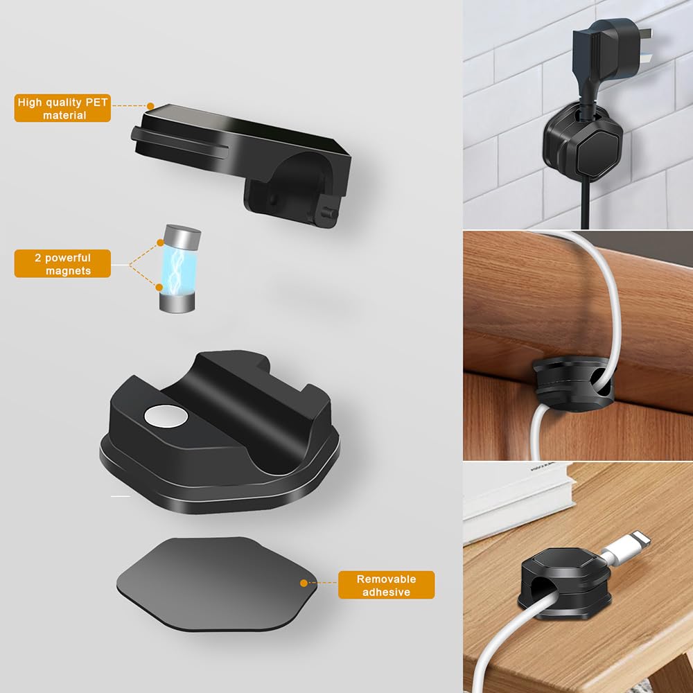 14-Pack Magnetic Cord Organizer Clips - Self-Adhesive Cable Management for Desk, Car & Office - Black USB Charger Holder for Phones & Devices - Perfect for Home, Work & Travel Organization