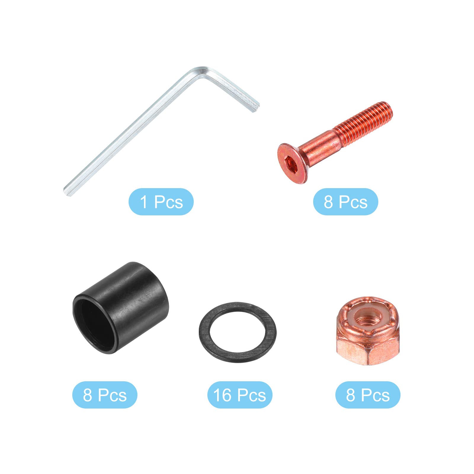 PATIKIL Skateboard Hardware Kit - 8pc Mounting Screws, Axle Nuts, Hex Key Set with Washers & Spacers for Skateboard Trucks & Wheels | Perfect for Board Maintenance & DIY Skateboard Assembly