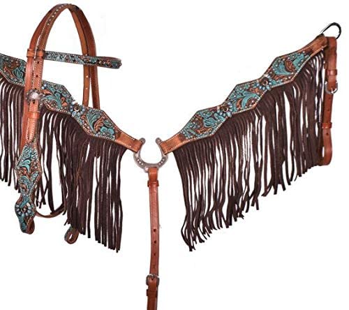 Showman Turquoise & Brown Floral Tooled Leather Headstall & Breast Collar Set with Fringe for Western Horse Riding and Rodeo Events