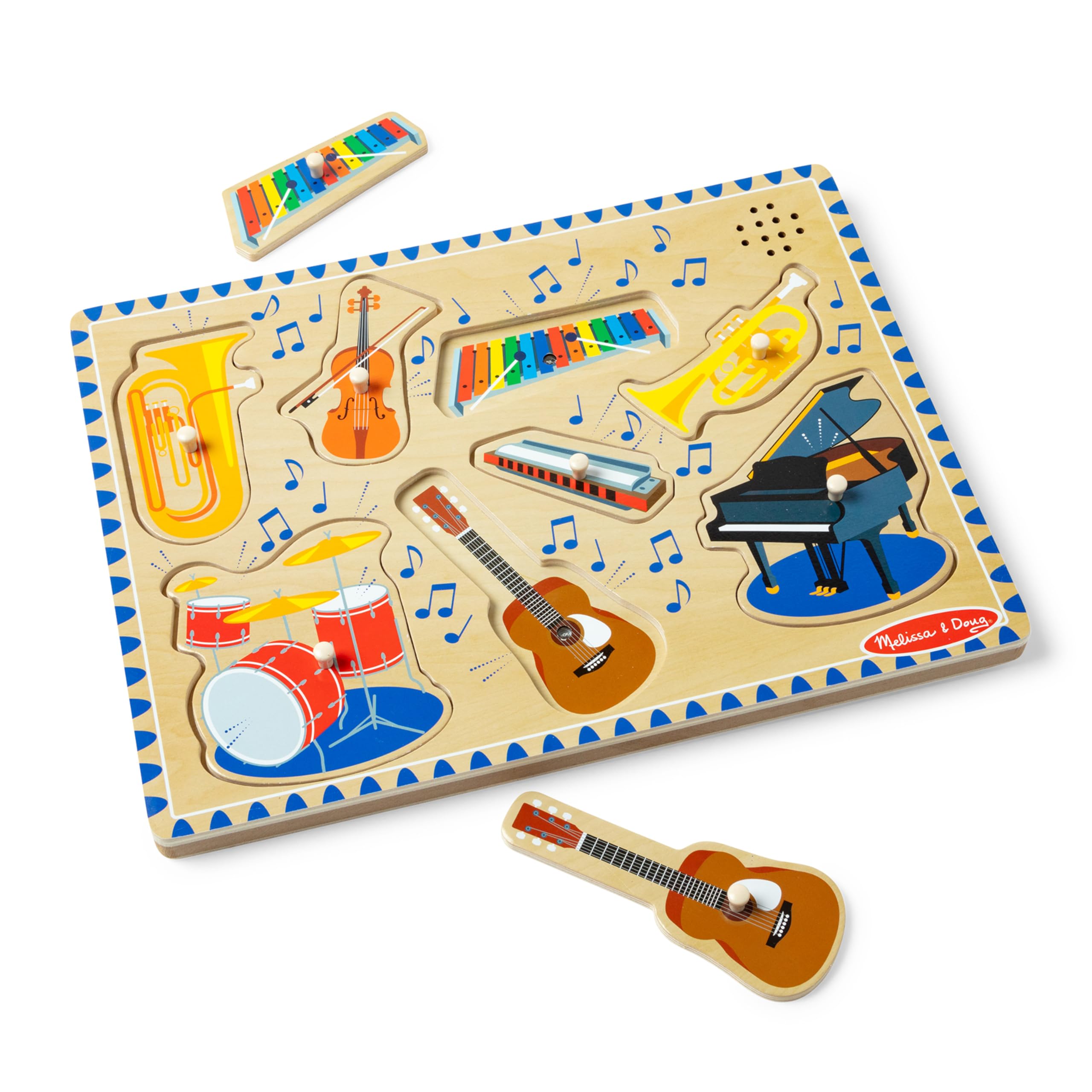 Melissa & Doug Wooden Musical Instruments Sound Puzzle - 8-Piece Light-Activated Peg Puzzle with Sound Effects | Educational Music Toy for Toddlers & Preschoolers Ages 2+ | Perfect for Early Learning, Sensory Play & Birthday Gifts