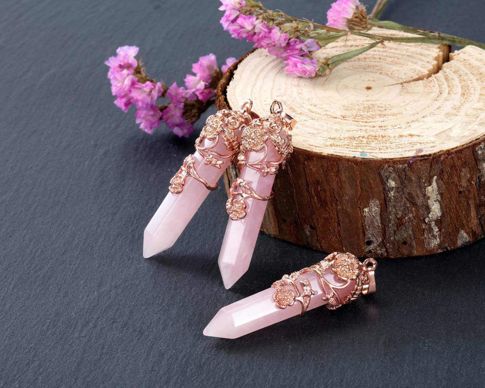 Jovivi 2-Piece Chakra Healing Crystal Necklace Set - Natural Clear Quartz Wire Wrapped Necklace & Rose Gold Flower Rose Quartz Pointed Crystal Pendant | Spiritual Healing, Meditation, Yoga, Energy Balancing Jewelry Gift
