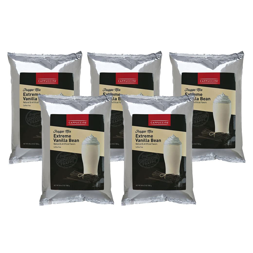 Extreme Vanilla Bean Cappuccino Iced Coffee Frappe Mix - Case of 5 Bags | Perfect for Home, Office & Coffee Shops | Delicious Cold Coffee Drink Solution