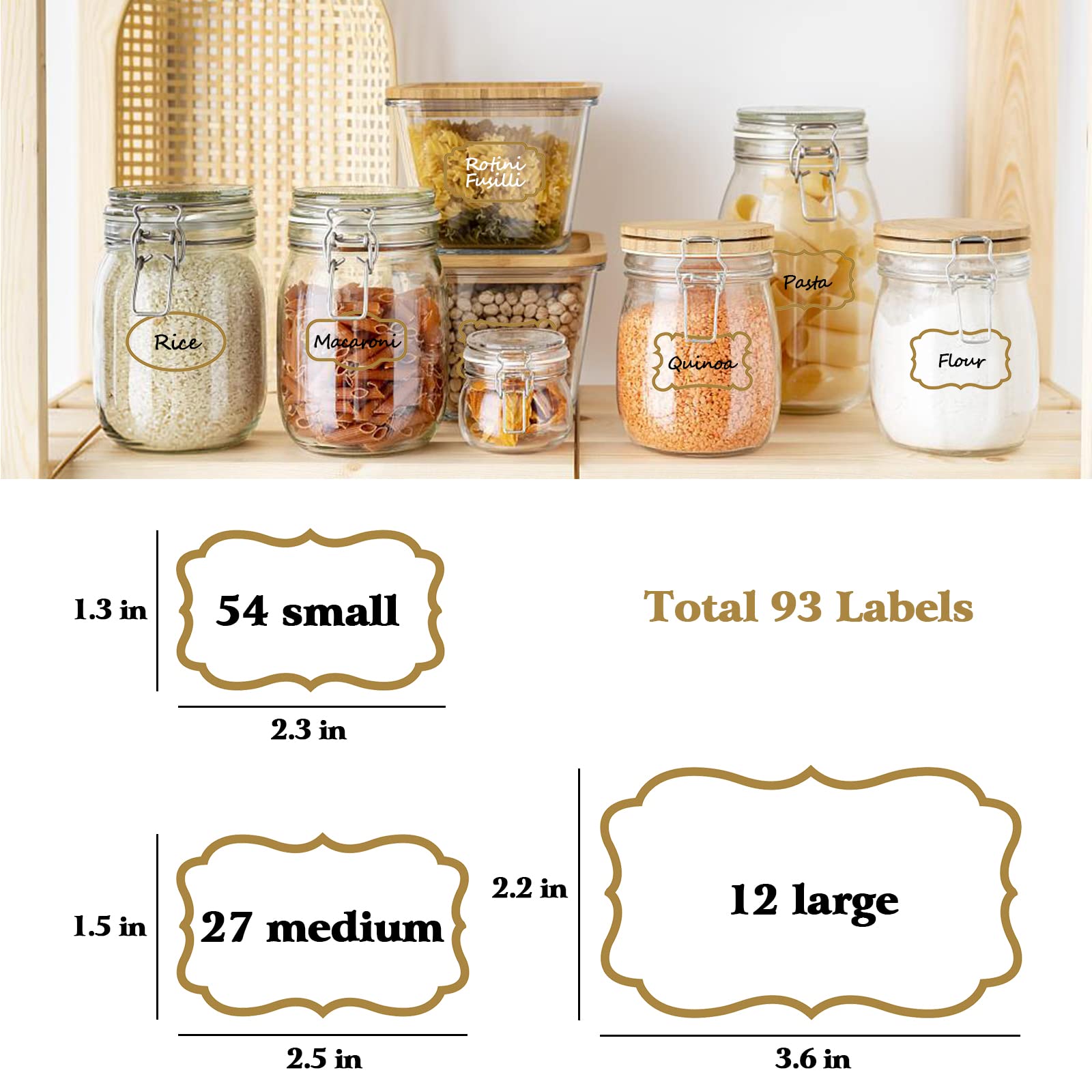 Premium Clear Pantry Labels with Gold Border - 93 Waterproof Removable Write-on Sticker Labels for Organizing Spice Jars, Condiment Containers, Flour & Sugar Canisters - Includes 2 Free Markers - Perfect for Kitchen Organization & Pantry Storage Solutions