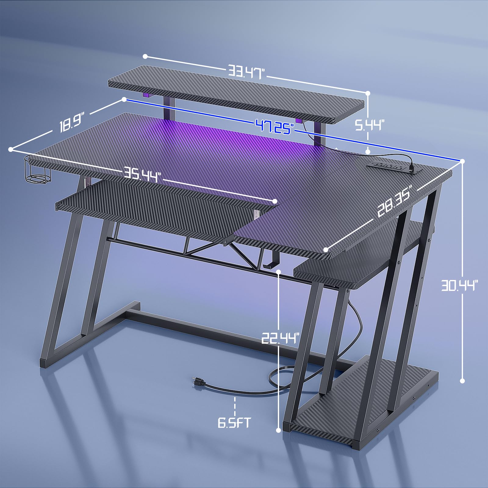 Premium L-Shaped Gaming Desk with Built-in Power Outlets & RGB LED Lights - 47