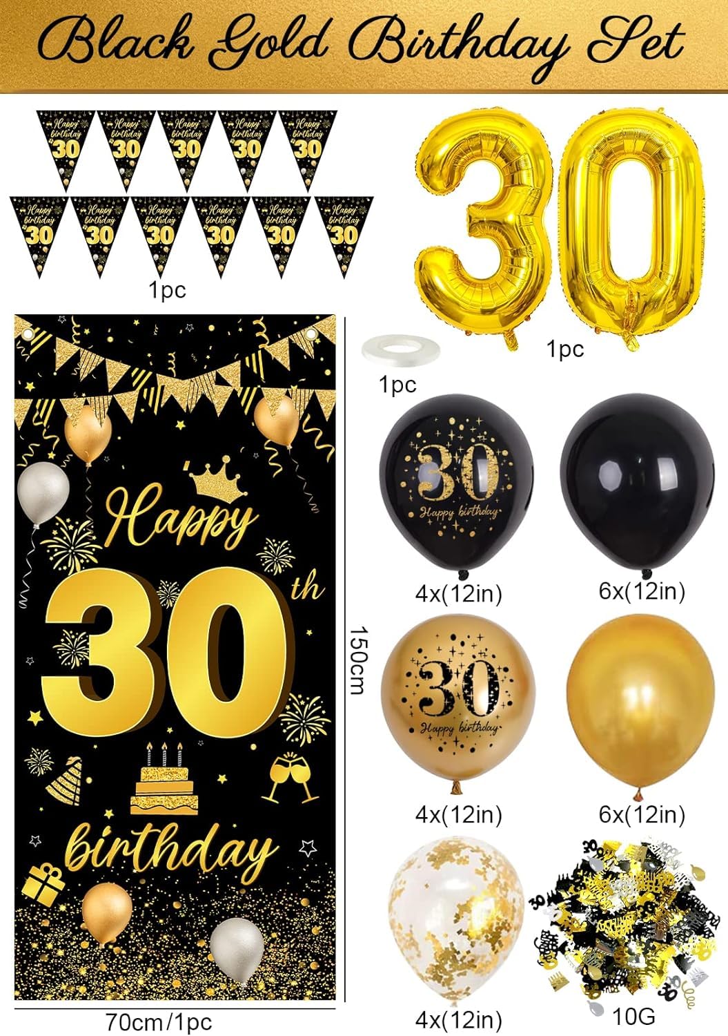 18th Birthday Decorations for Men & Women - Black & Gold Party Supplies with Happy Birthday Banner, Confetti, 32 Inch Gold Number 18 Balloons - Perfect for 18th, 30th Birthday Parties & Adult Celebrations