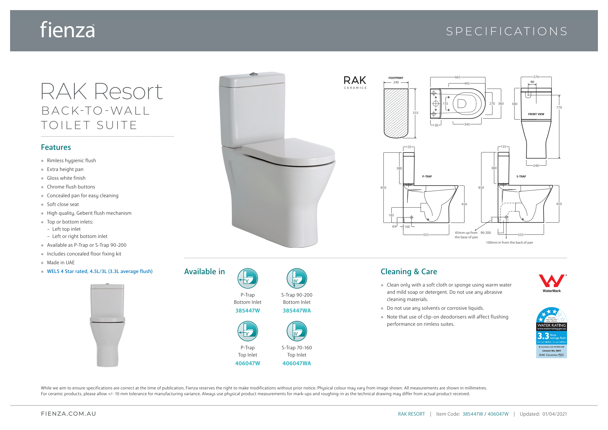 Fienza Rak Resort Back-to-Wall Toilet Suite with Bottom Inlet - Ideal for Modern Bathrooms, Small Spaces & Water-Saving Homes
