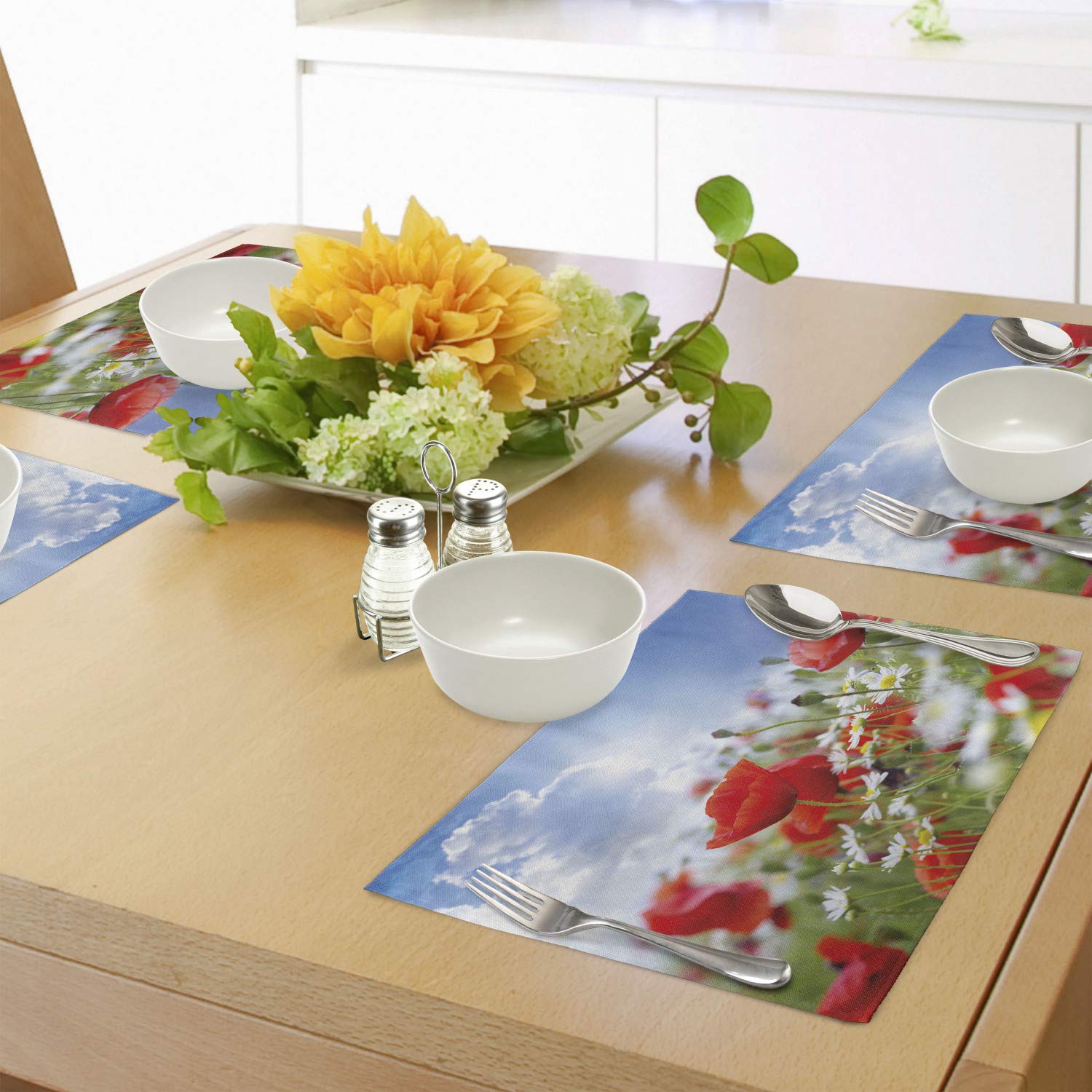 Ambesonne Country Placemats Set of 4 - Floral Spring Meadow with Poppies & Daisies, Sunny Sky Clouds Design - Washable Fabric Table Mats for Dining Room & Kitchen Decor - Perfect for Spring Parties, Brunch, and Farmhouse Style Dining