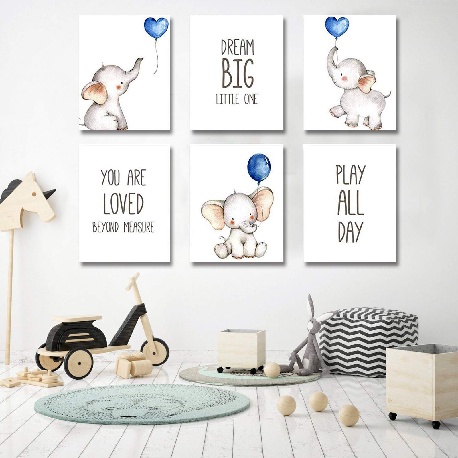 iMagitek Set of 6 Blue Elephant Nursery Wall Art Prints - Unframed Baby Boy Room Decor with Balloons (8