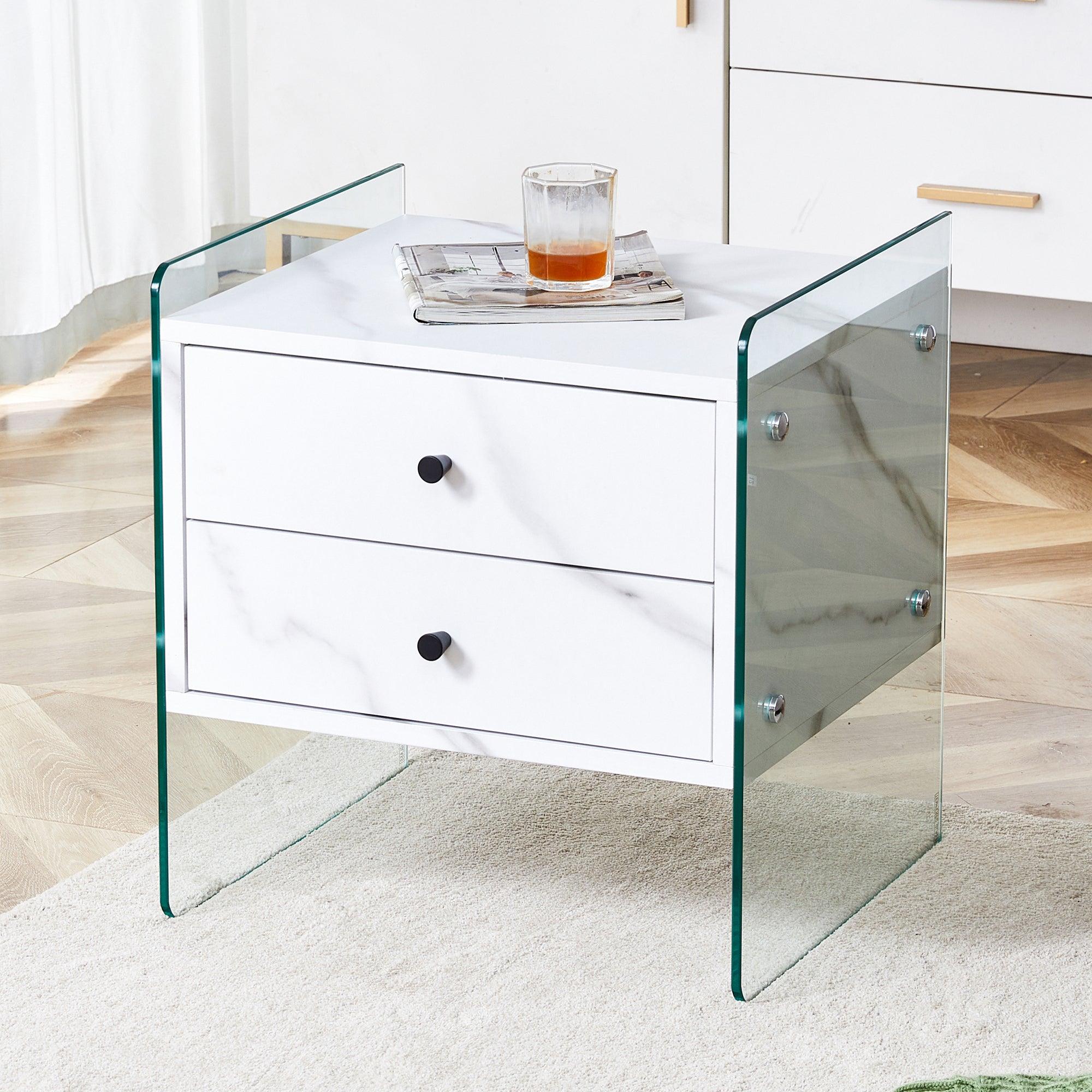 Modern Double Drawer Bedside Table with MDF Sticker Surface & Tempered Glass Sides - Simple Elegant Design, Excellent Storage for Bedroom, Living Room, or Office Use