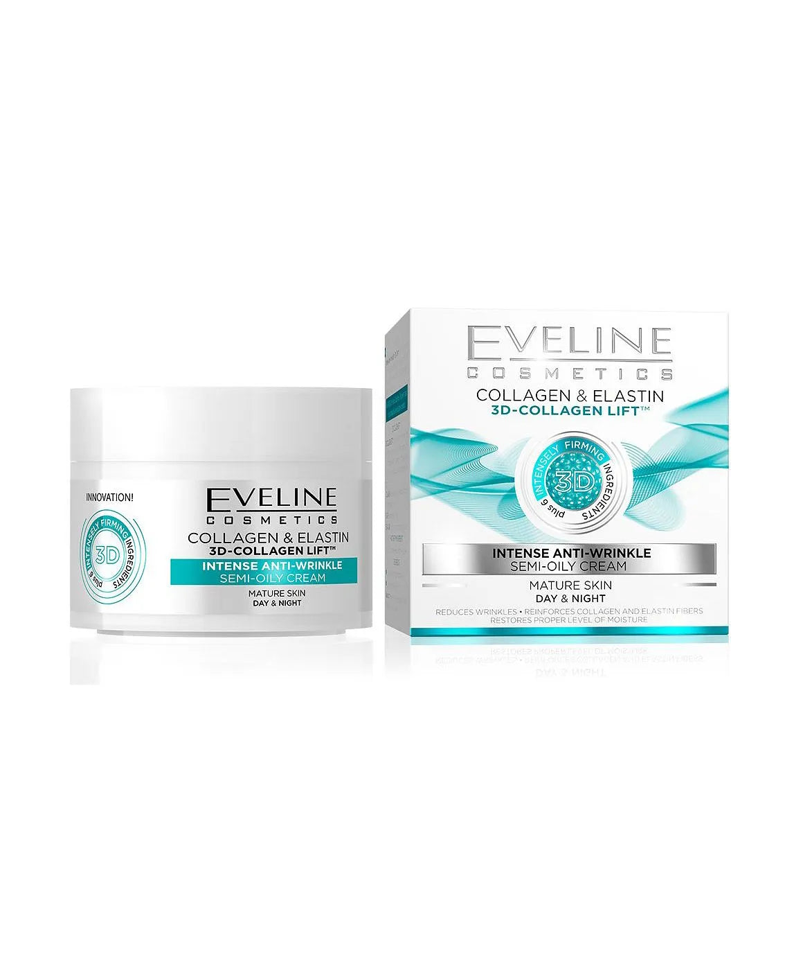 Eveline Cosmetics 3D Collagen Lift Cream with Collagen & Elastin - Anti-Aging Firming Face Cream for Mature Skin - 50ml - Perfect for Night Routine & Wrinkle Reduction
