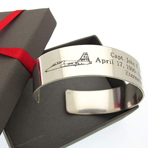 Custom Sterling Silver Military Pilot Cuff Bracelet - Personalized USAF Air Force Gift for Men, Deployment & KIA Memorial - Perfect for Veterans, Airmen & Fighter Jet Enthusiasts | Ideal for Military Appreciation, Memorial Services & Special Occasions