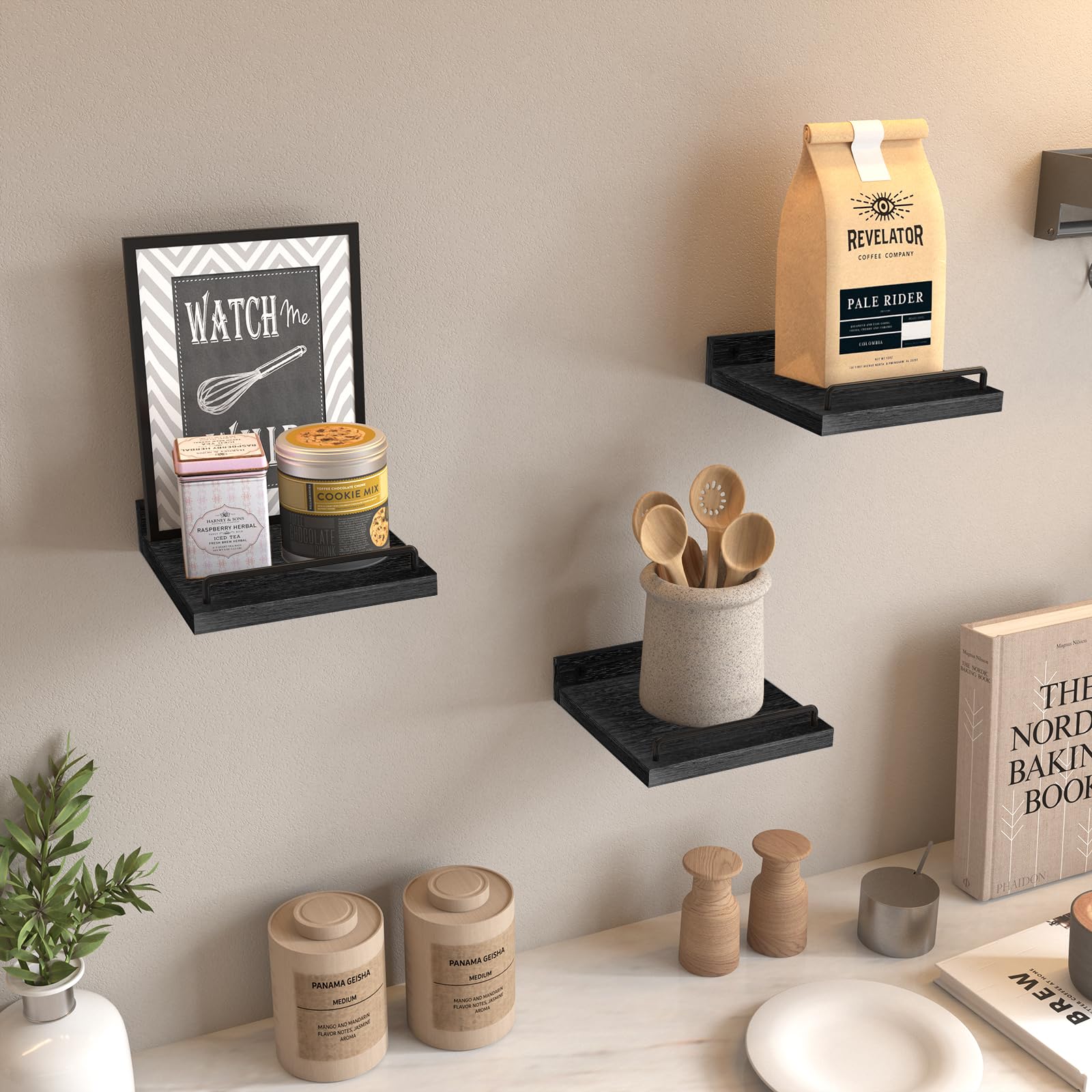 6 x 6 Inch Small Floating Shelf Set of 3 - Rustic Farmhouse Wall Shelves for Living Room, Bedroom, Kitchen - Perfect for Picture Frames, Plants, Decor & Storage - Black Wall Mounted Shelves for Home Organization