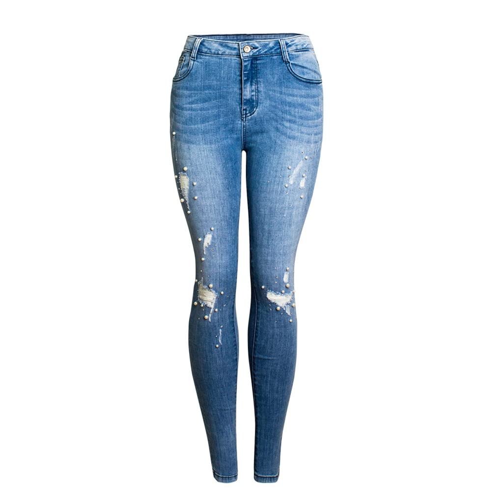 Stylish Ripped Beaded Jeans for Women - Stretchy Skinny Denim Pants with Embellishments (XXL) | Perfect for Casual Outings, Parties & Streetwear Fashion