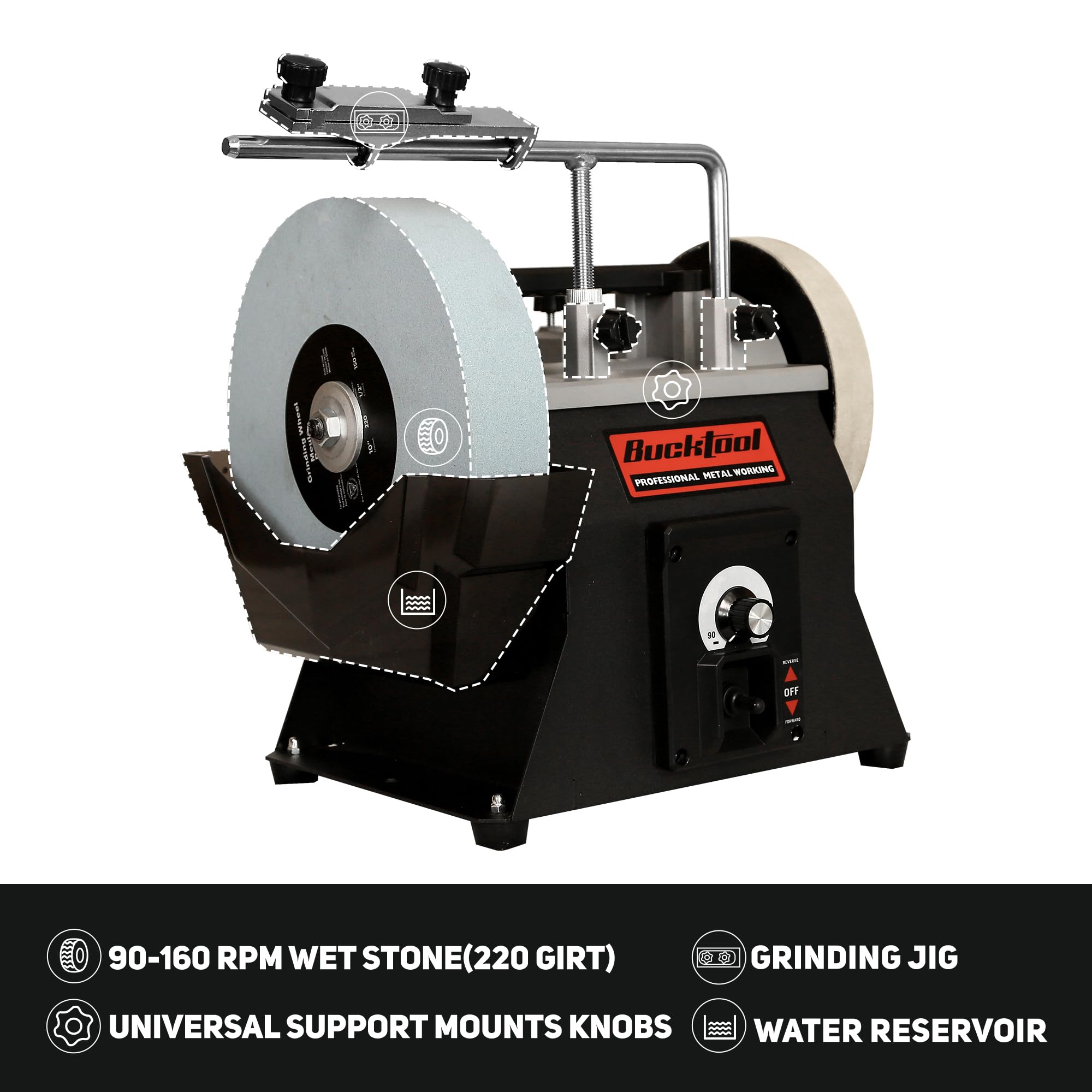 BUCKTOOL 10-Inch Variable Speed Wet Sharpening System – 1.2-Amp Two-Direction Water Cooled Wet Stone Grinder (90-160RPM) – Professional Bench Grinder for Knives, Chisels, Axes & Tools (Model SCM8103) – Perfect for Woodworking, Metalworking & DIY Sharpening Projects