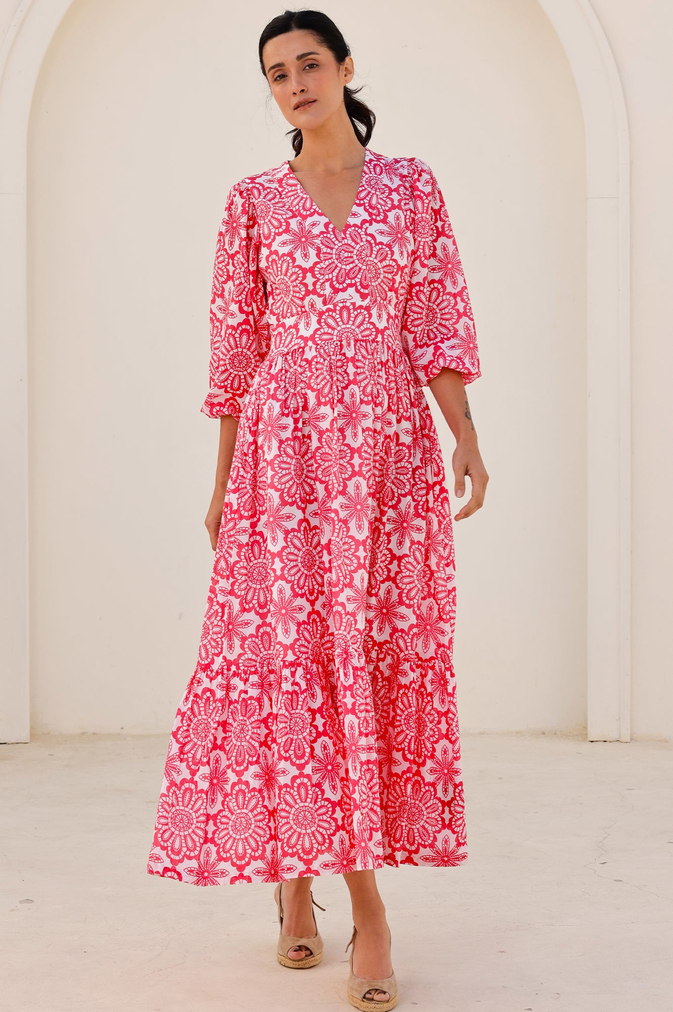 Annie Maxi Organic Cotton Dress with Lace Floral Design in White & Pink | Boho Summer Dress for Beach, Wedding & Casual Outings