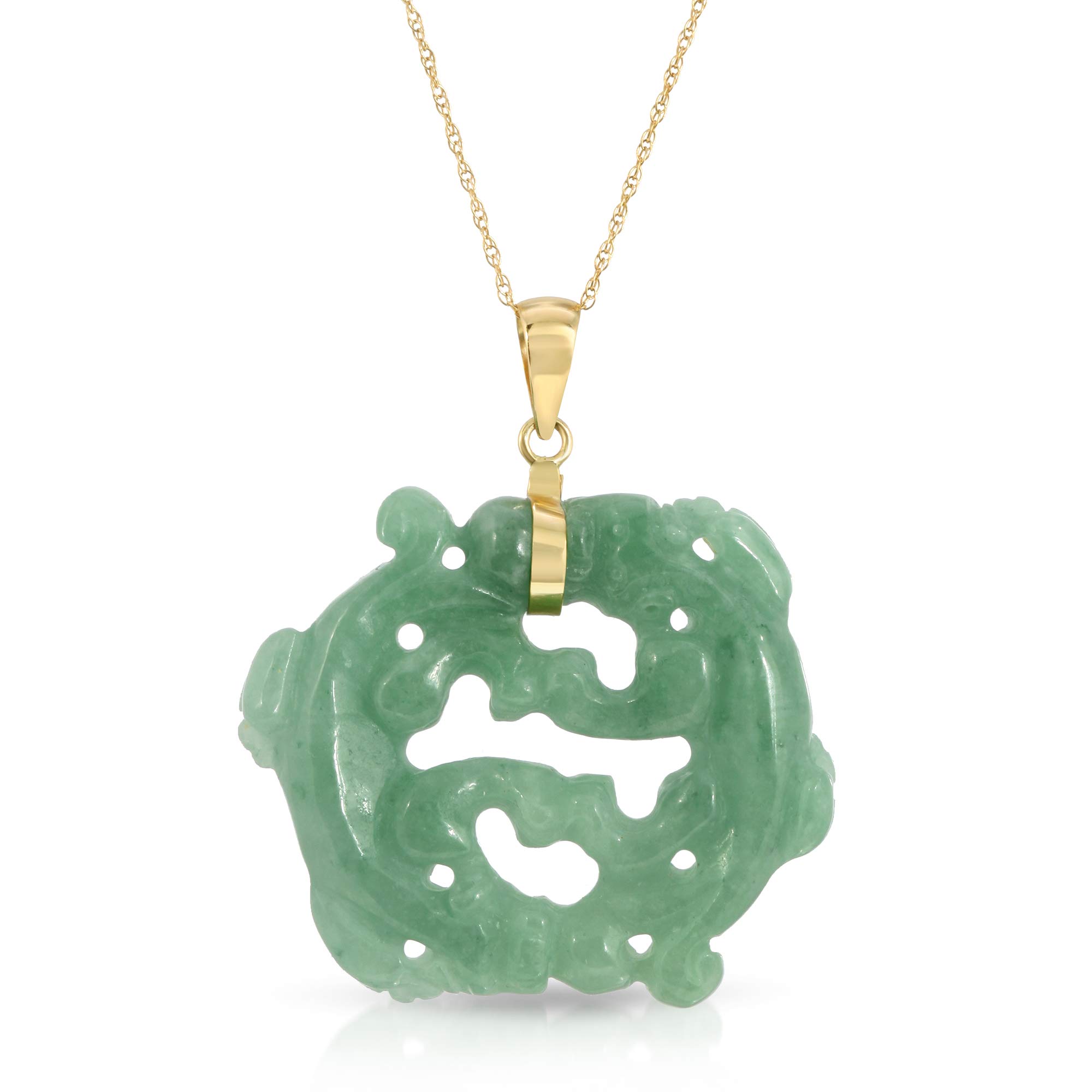 14K Yellow Gold Real Jade Double Dragon Pendant Necklace - 17 Inch Adjustable Chain - Elegant Chinese Jewelry for Women - Perfect for Weddings, Gifts & Special Occasions