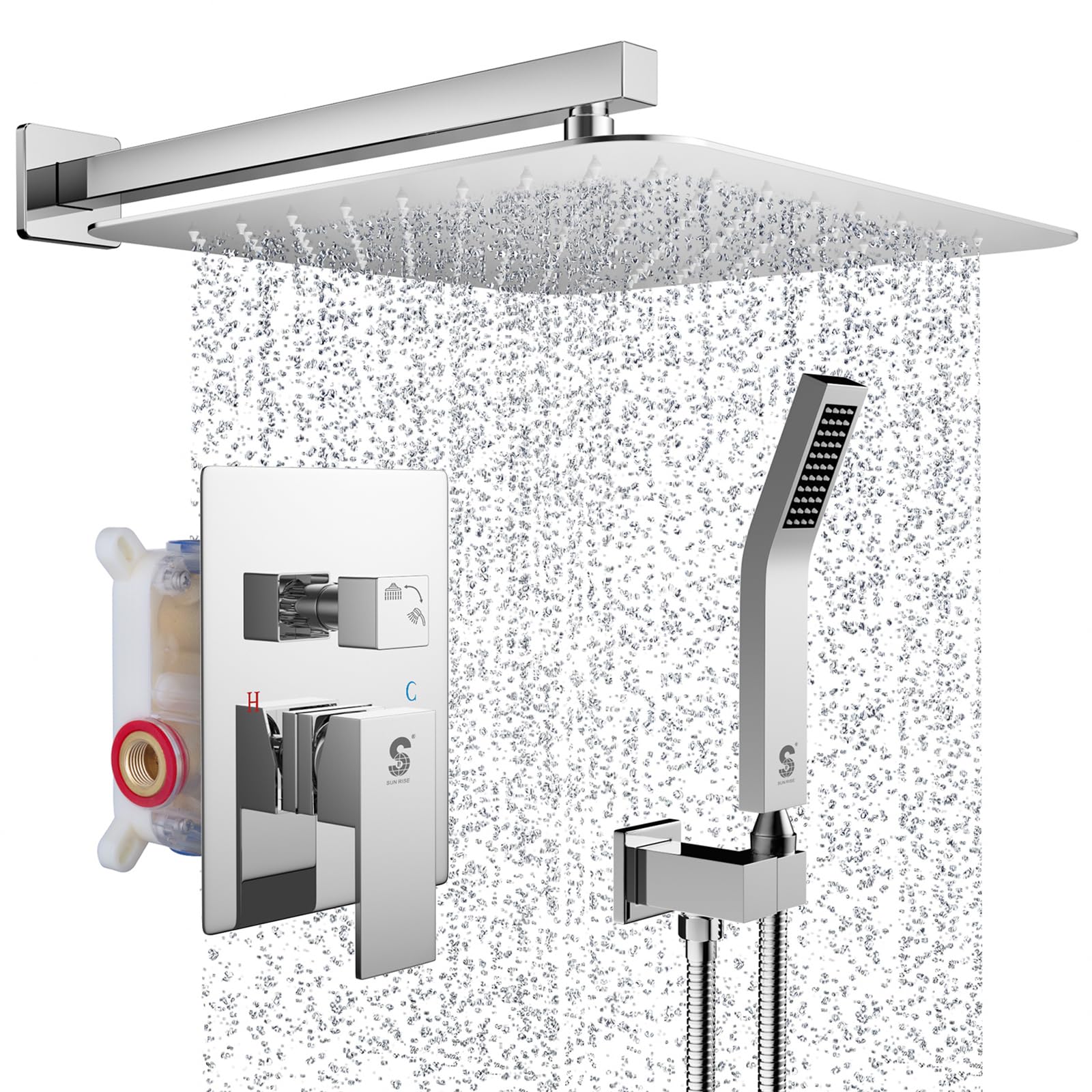SR SUN RISE Polished Chrome Square Rainfall Shower Head and Handle Set - Wall Mounted Shower Fixtures with Metal Faucet Trim & Valve (16 Inch) - Perfect for Modern Bathroom Renovation and Spa-Like Shower Experience