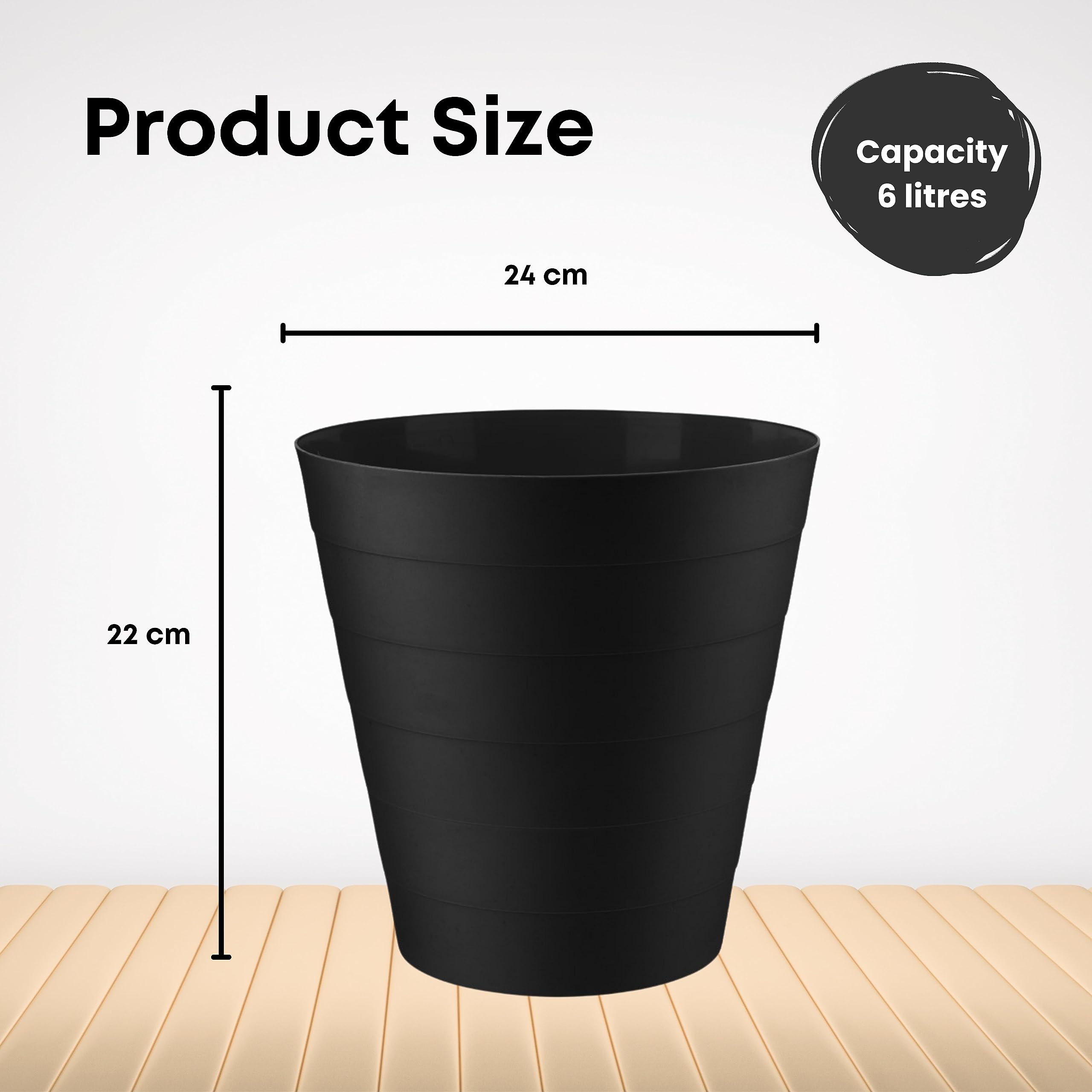 Homeshopa 6L Round Plastic Waste Paper Bin - Lightweight Trash Can for Kitchen, Bedroom, Bathroom & Outdoor - Open-Top Design Garbage Container Dustbin (Black) | Perfect for Home, Office & Commercial Spaces