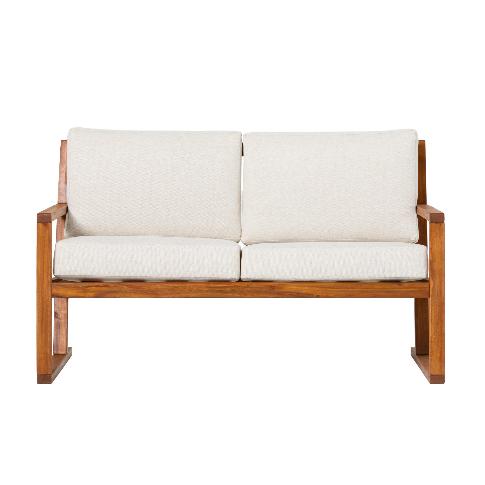 Modern Solid Wood Slat Back Patio Loveseat - Brown Outdoor Furniture for Garden, Deck, or Poolside Relaxation