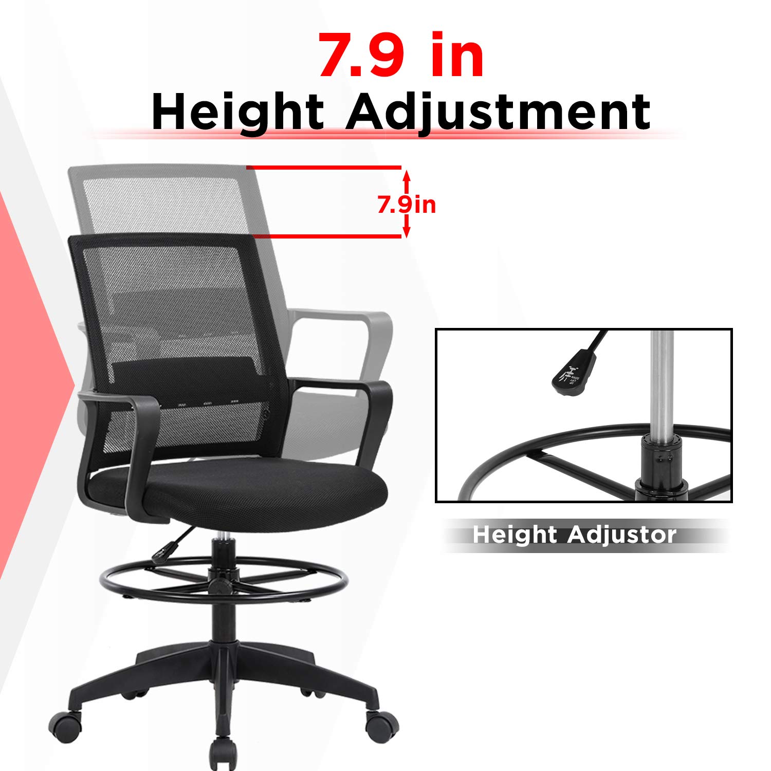Ergonomic Mesh Drafting Chair with Adjustable Foot Ring - Tall Office Chair for Standing Desk, Mid-Back Support Computer Chair for Home & Office Workspace - Black (Ideal for Architects, Designers & Long Work Sessions)