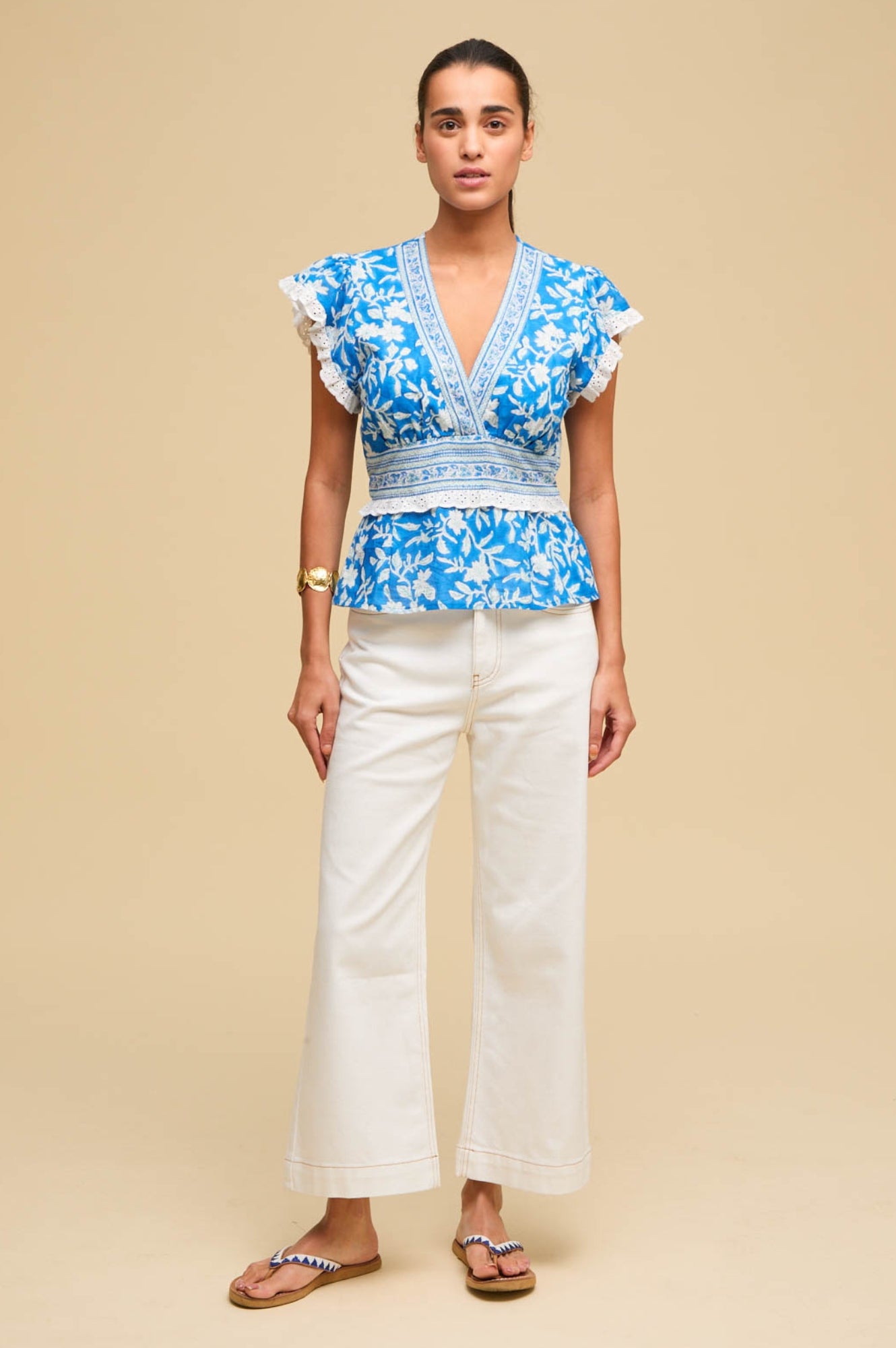 Pippa Block Print Top | Japanese Flower Cobalt Blue Women's Blouse | Perfect for Casual Wear, Summer Outfits & Boho Fashion