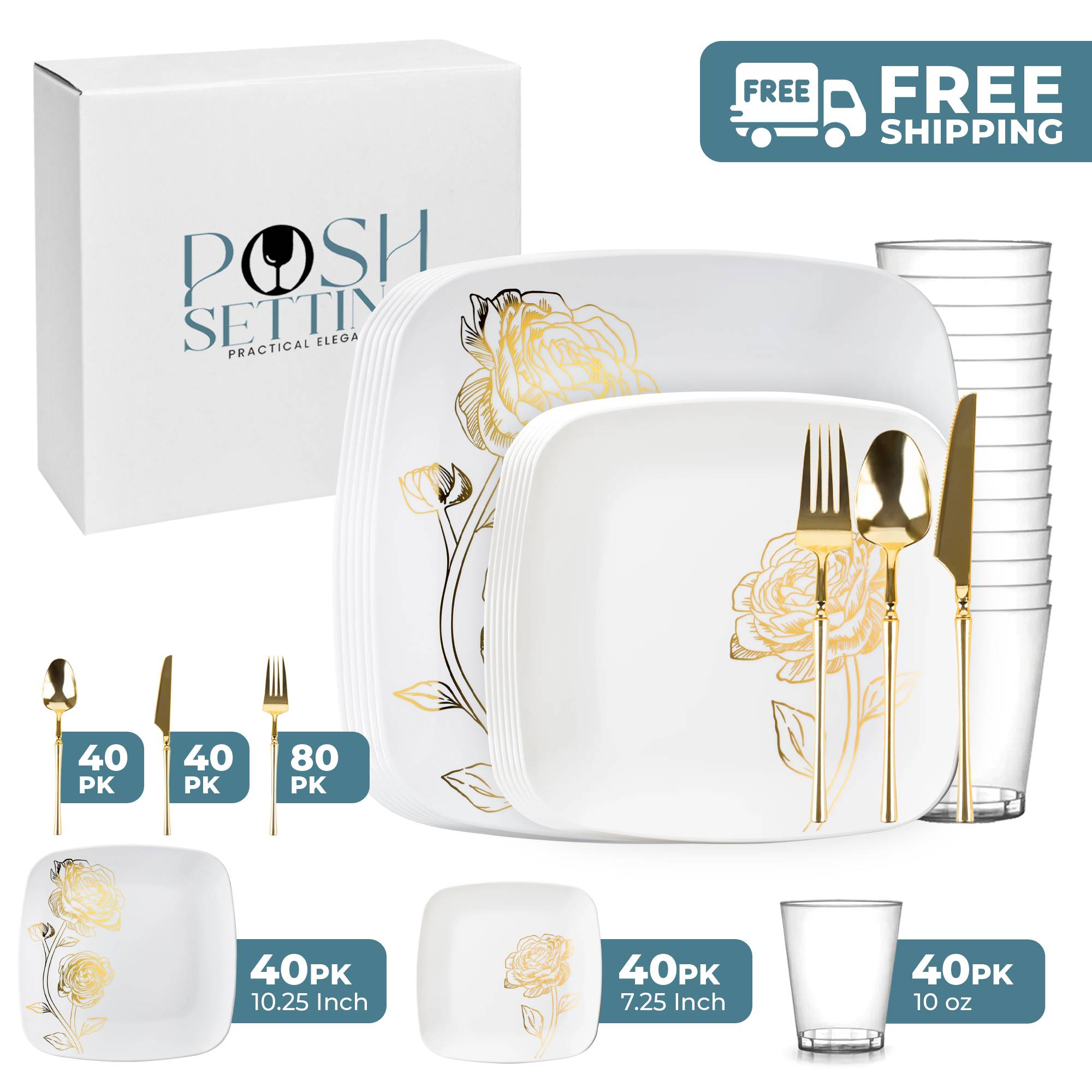Elegant White and Gold Plastic Party Bundle with Peony Design - Perfect for Weddings, Birthdays, and Special Celebrations