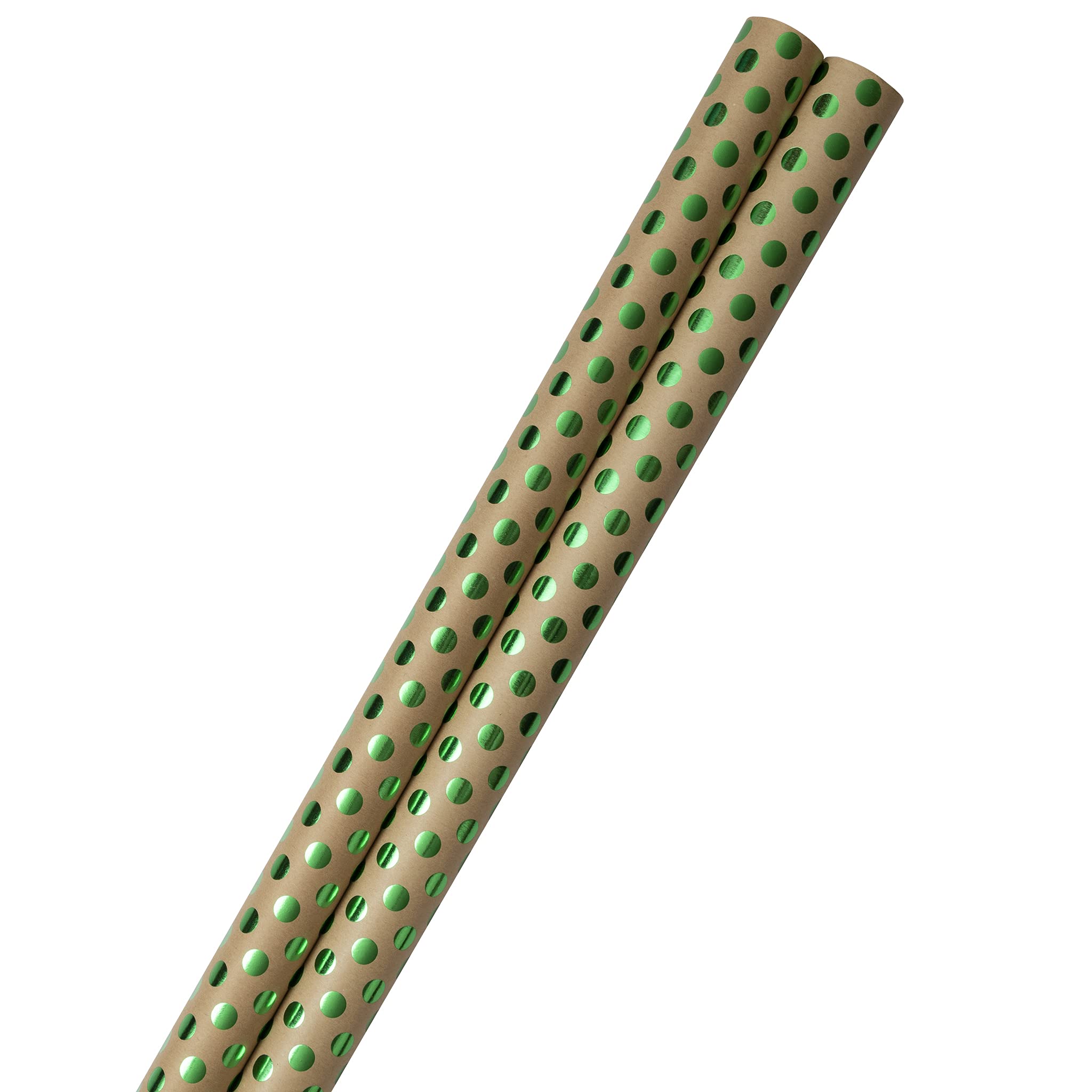 Eco-Friendly Kraft Wrapping Paper with Green Foil Polka Dots - 2 Rolls (50 Sq Ft Total) - Perfect for Gift Wrapping, Party Decorations & DIY Crafts - JAM Paper Gift Wrap