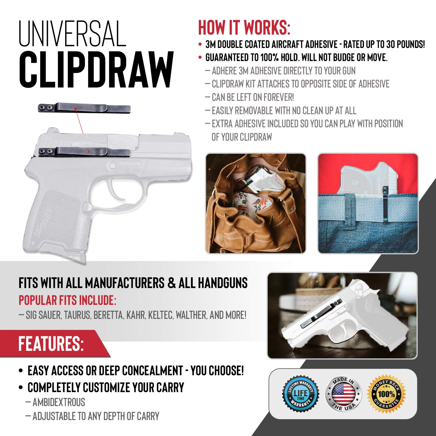 ClipDraw Gun Clip - Low Profile Slim Concealed Carry Holster for Pistols | Easy Installation | Made in USA | Perfect for Everyday Carry, Home Defense & Outdoor Activities