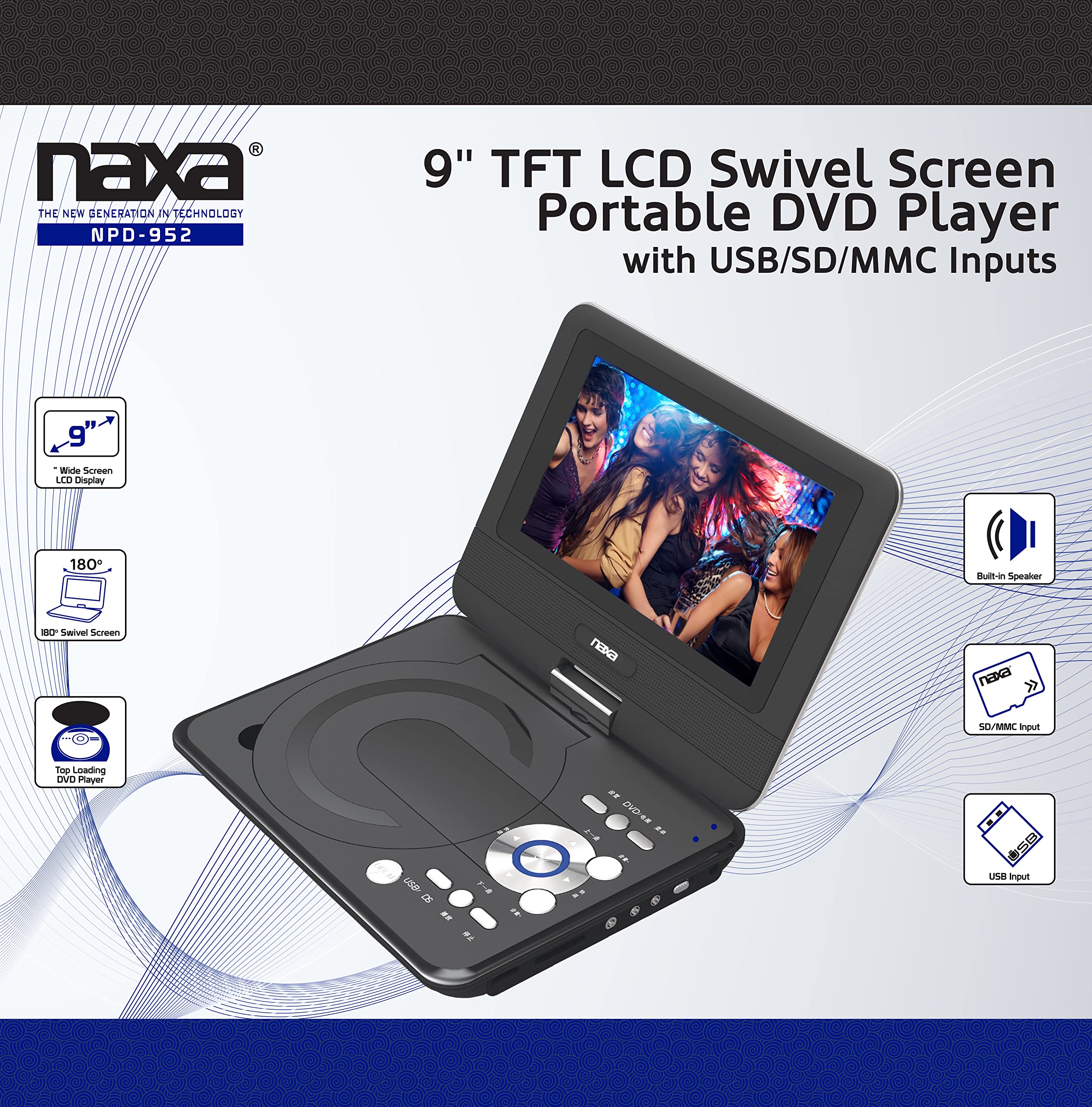 Naxa Electronics NPD-952 9-Inch Portable DVD Player with Swivel TFT LCD Screen, USB/SD/MMC Inputs - Perfect for Travel, Kids Entertainment & Home Use